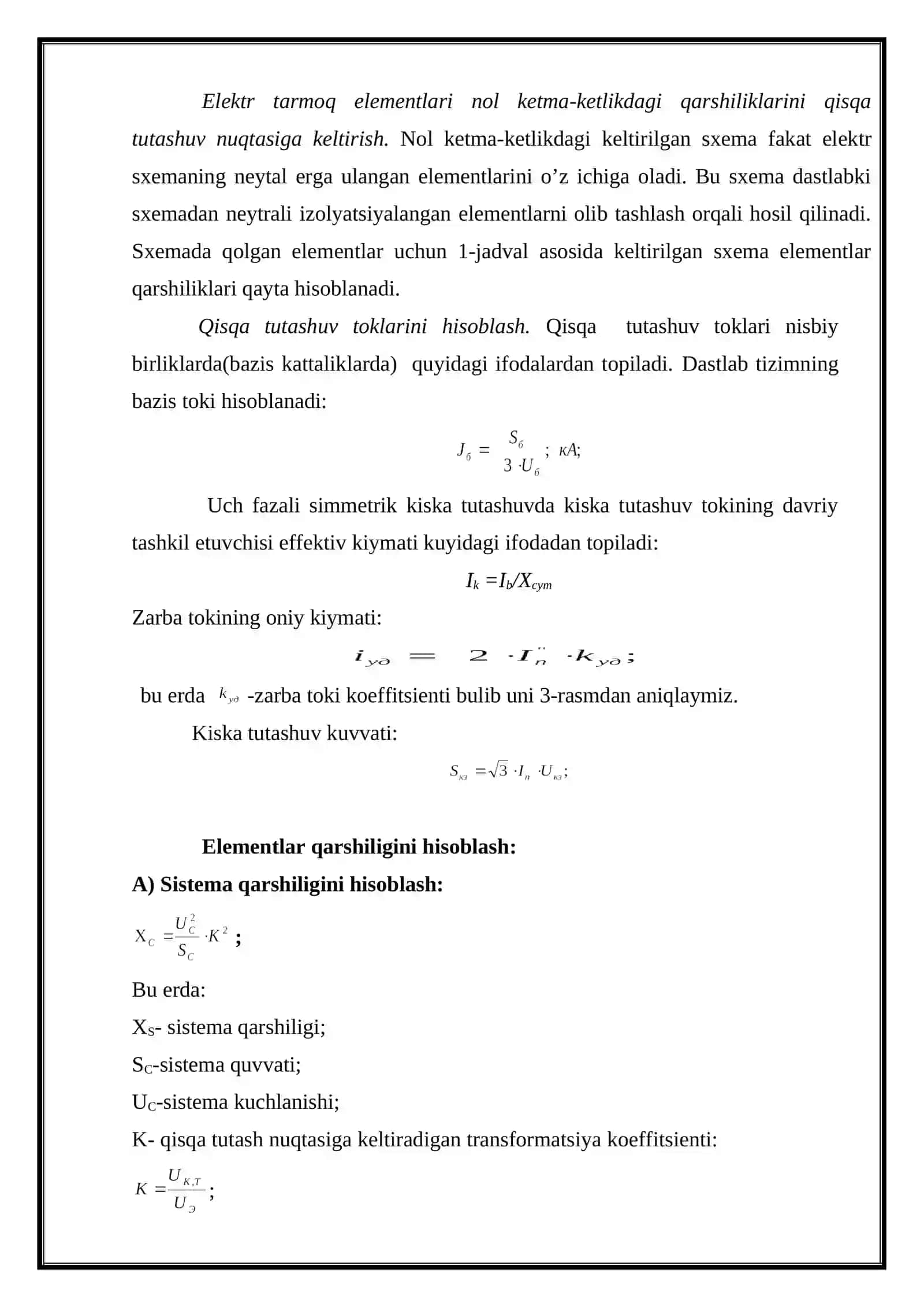 Yuqori kuchlanishli tarmoqlari qisqa tutashuv toklarini hisoblash 4