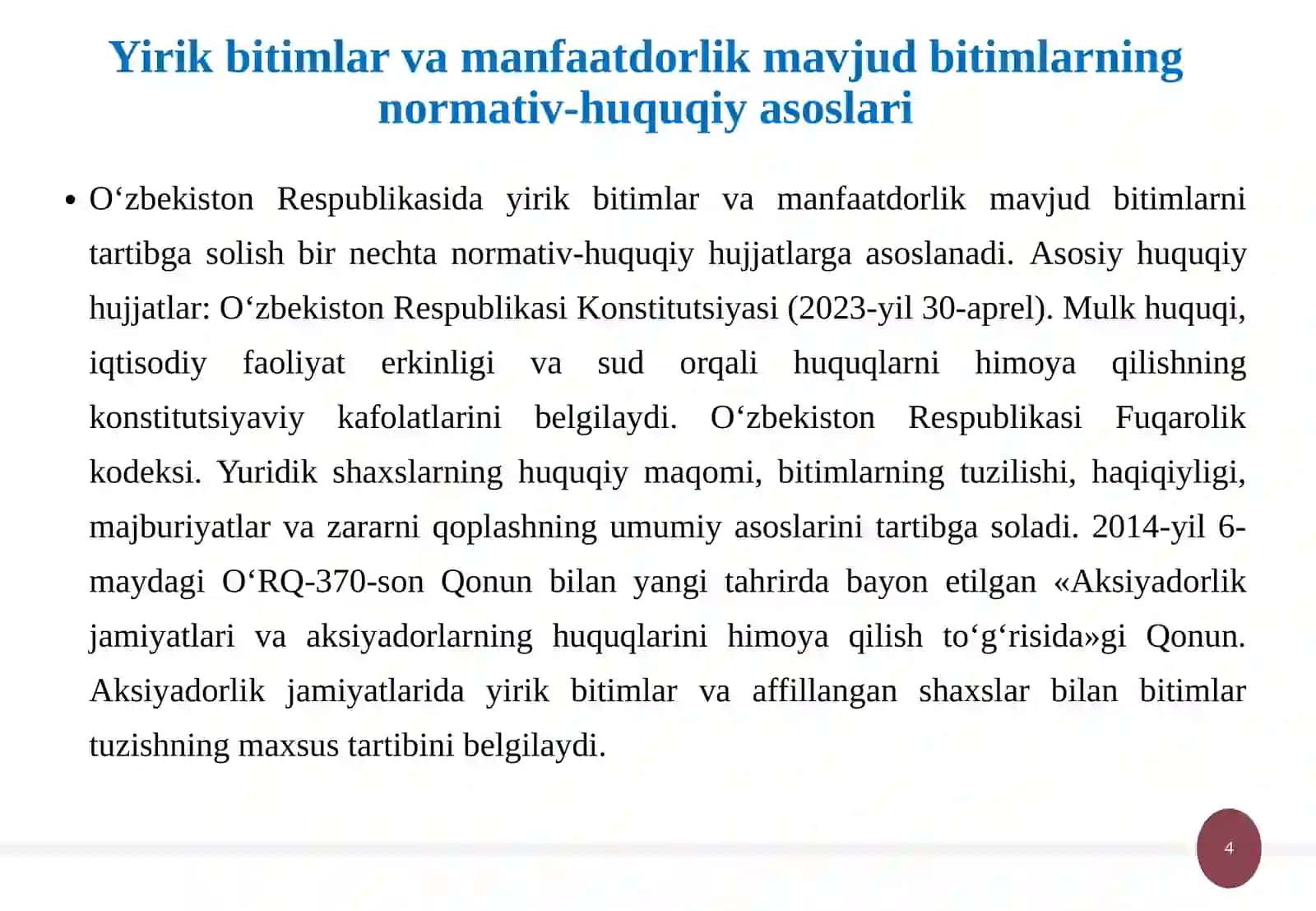 Yirik bitimlar va manfaatdorlik mavjud bitimlar ma’qullash tartibi, manfaatlar to‘qnashuvi va javobgarlik.pptx 4