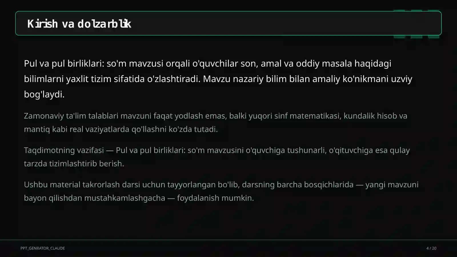 Pul va pul birliklari: so'm (2-sinf) 4