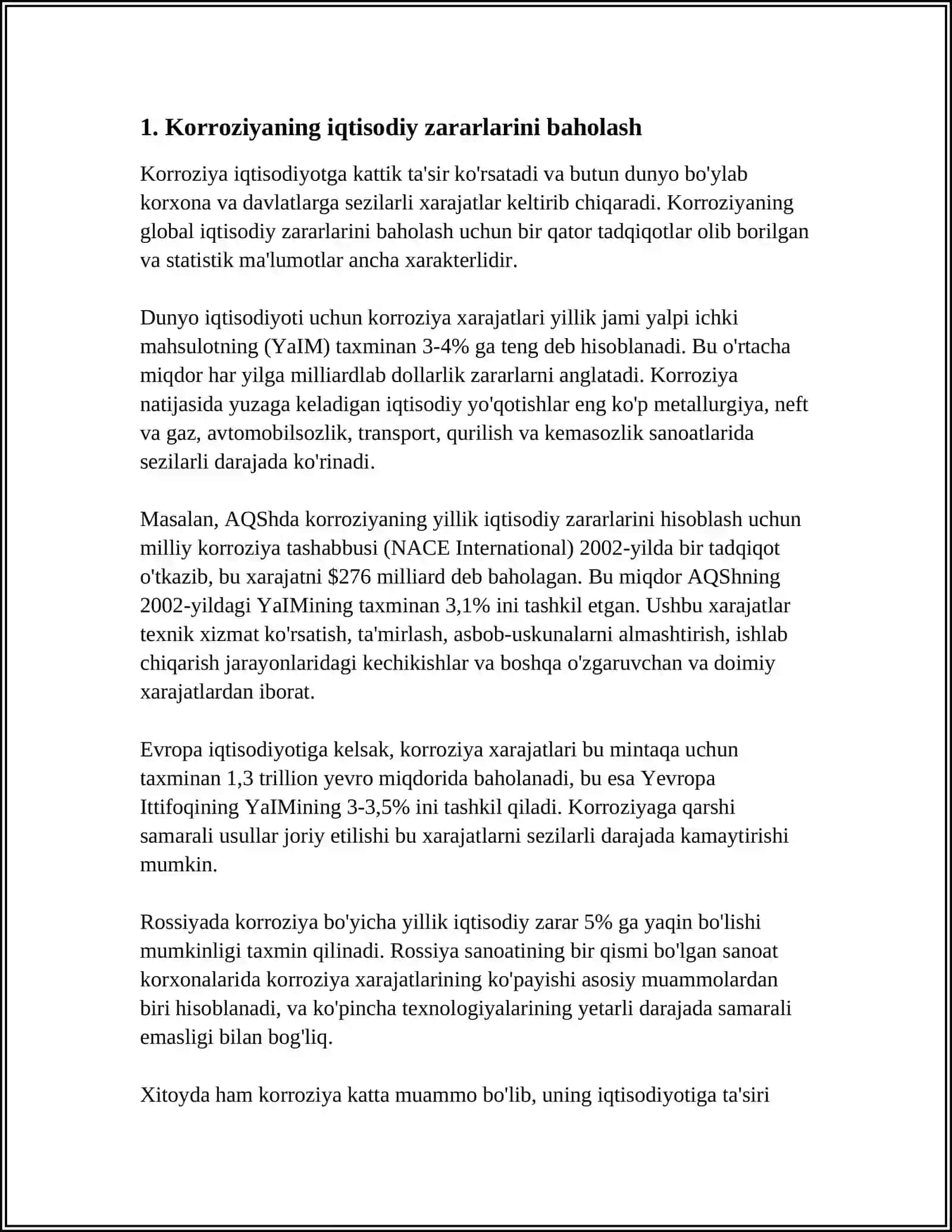 MUSTAQIL ISH: KORROZIYA MUAMMOLARINING IQTISODIY EKOLOGIK VA IJTIMOIY JIHATLARI 4