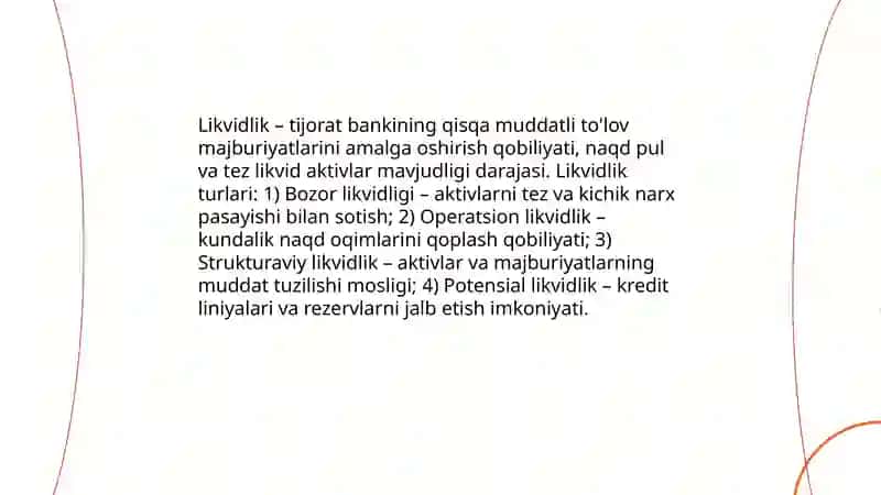 Tijorat banklarining to'lovga layoqatliligi va likvidliligi haqida tushuncha 4
