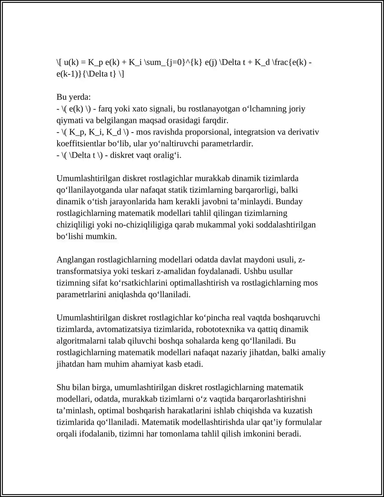 UMMULASHTIRILGAN DISKERT ROSTLAGICHLARNING MATEMATIK MODELLARI VA ULARNING MURAKKAB DINAMIK TIZIMLARNI BOSHQARISHDA QO'LLANILISHI 4