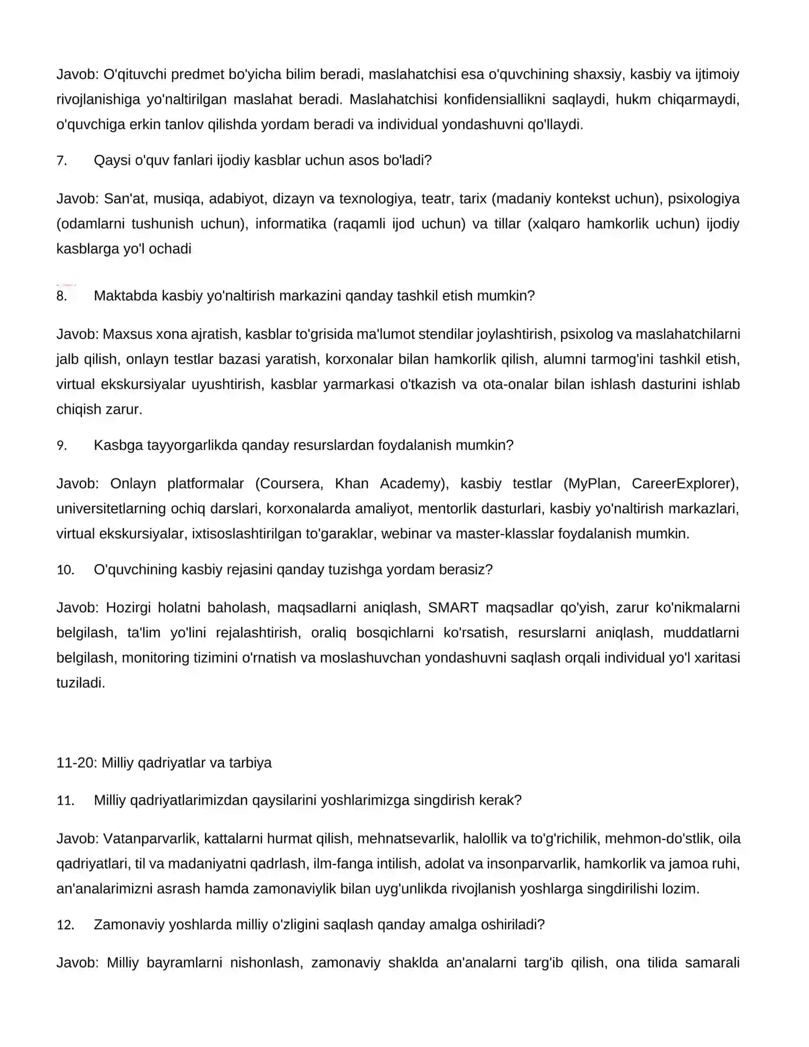 Maktab maslahatchisi lavozimi uchun imtihon savollari va javoblari TA'LIM SOHASIDAGI SAVOLLAR 4