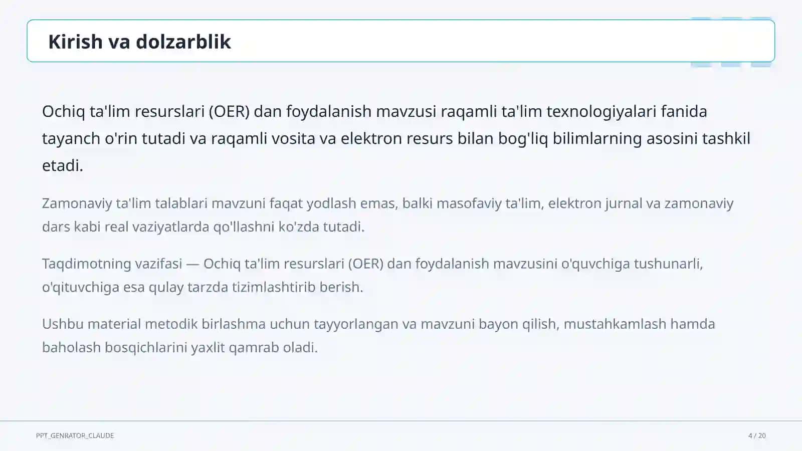 Ochiq ta'lim resurslari (OER) dan foydalanish 4