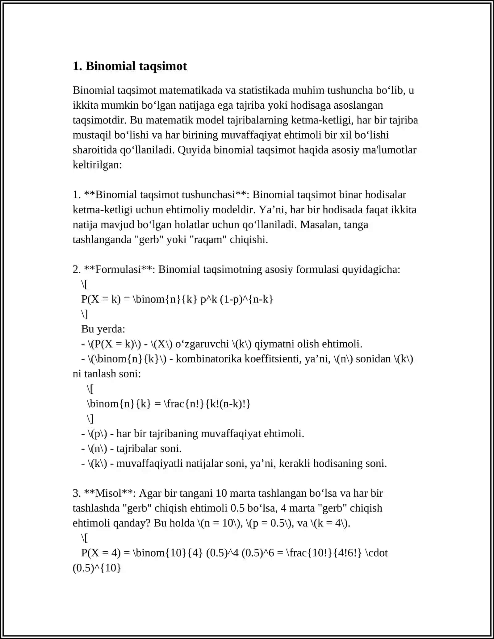EHTIMOLLAR NAZARIYASI VA MATEMATIK STATISTIKA FANIDAN MUHIM TAQSIMOTLAR 4