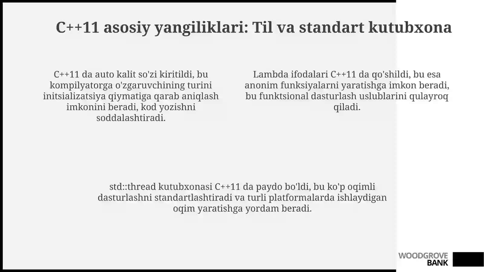 C++ dasturlash tilida zamonaviy standartlar (C++11-C++20) imkoniyatlarini tahlil qilish 4