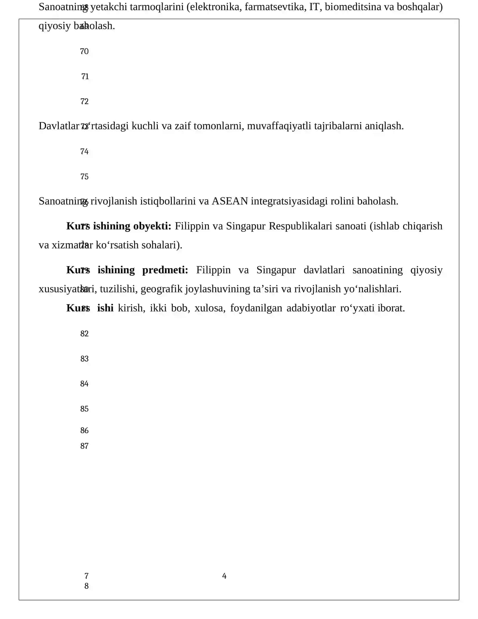 Geografiya va Agranomiya fakulteti Geografiya yoʻnalishi 4 kurs 022-12 guruh talabasi Sidiqova Sabrinaning Jahon geografiyasi fanidan: Janubiv Sharqiv Osiyo mamakatlaridan Filippin va Singapur davlatlari sanoatiga qiyosiy tavsif mavzusida tayyorlagan kurs ishi 4