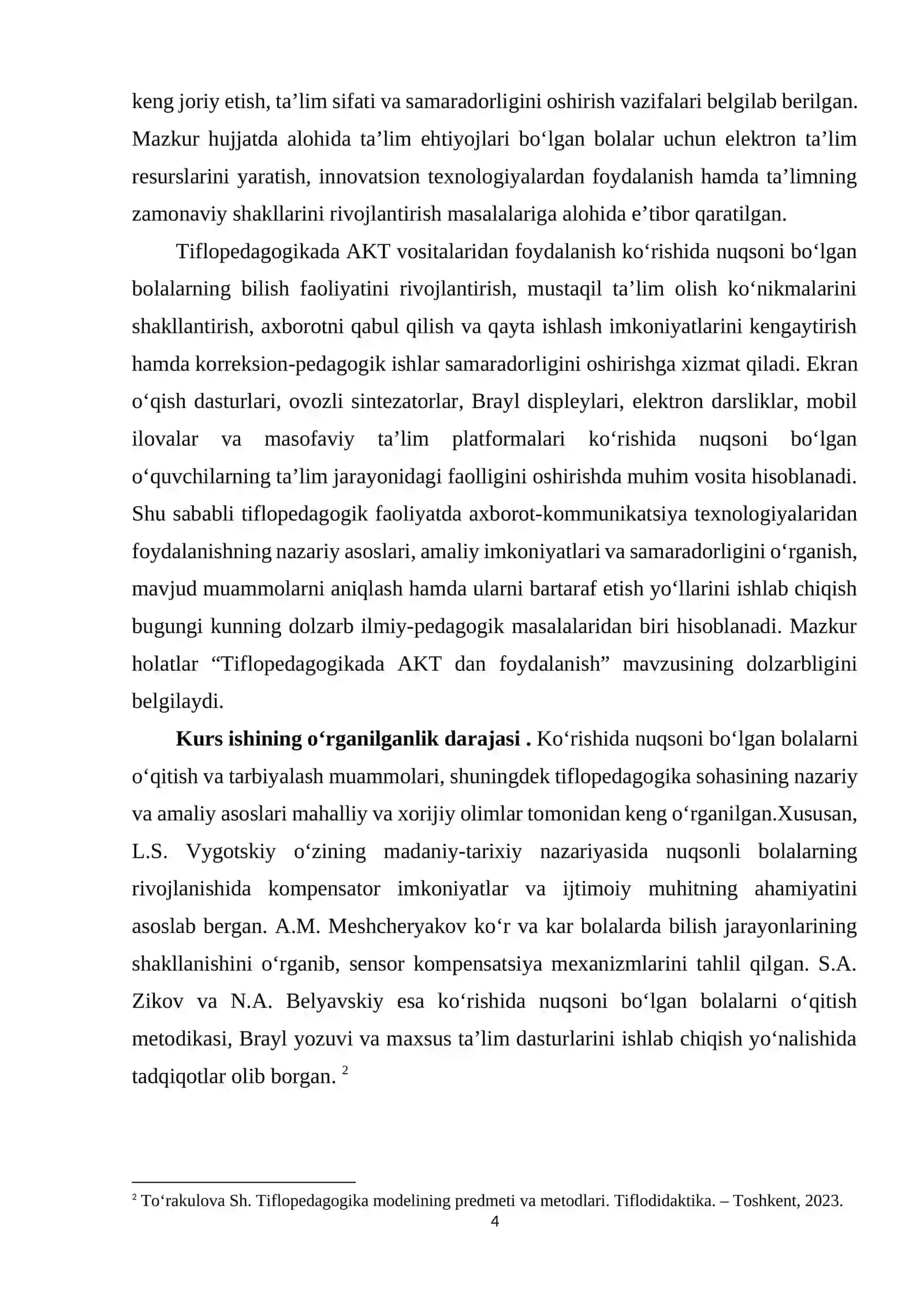 "Tiflopedagogikada AKT dan foydalanish" MAVZUSIDA TAYYORLAGAN KURS ISHI 4