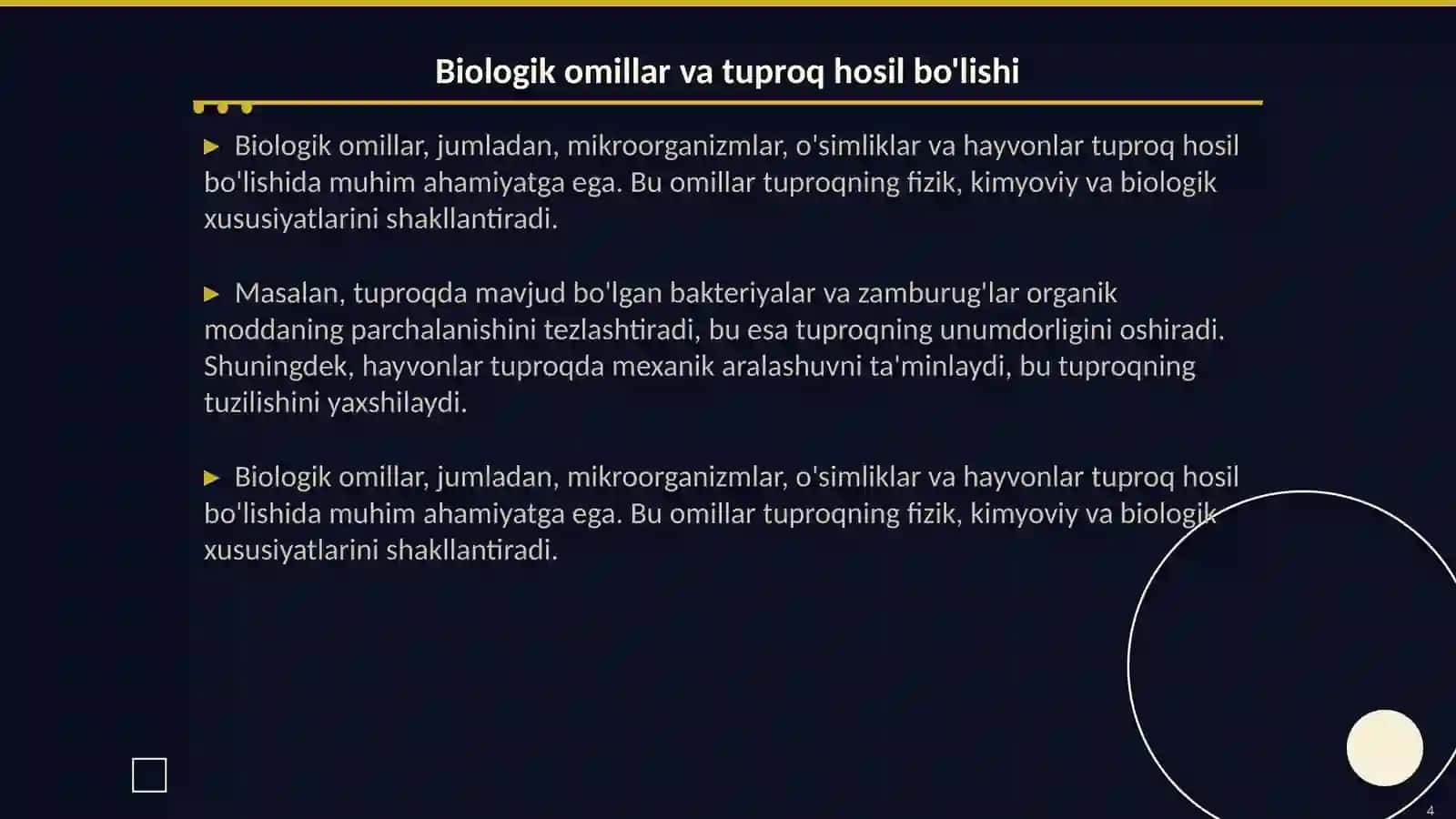 Tuproq hosil boʻlishida tuproqning organik qismi va biologik omillar 4
