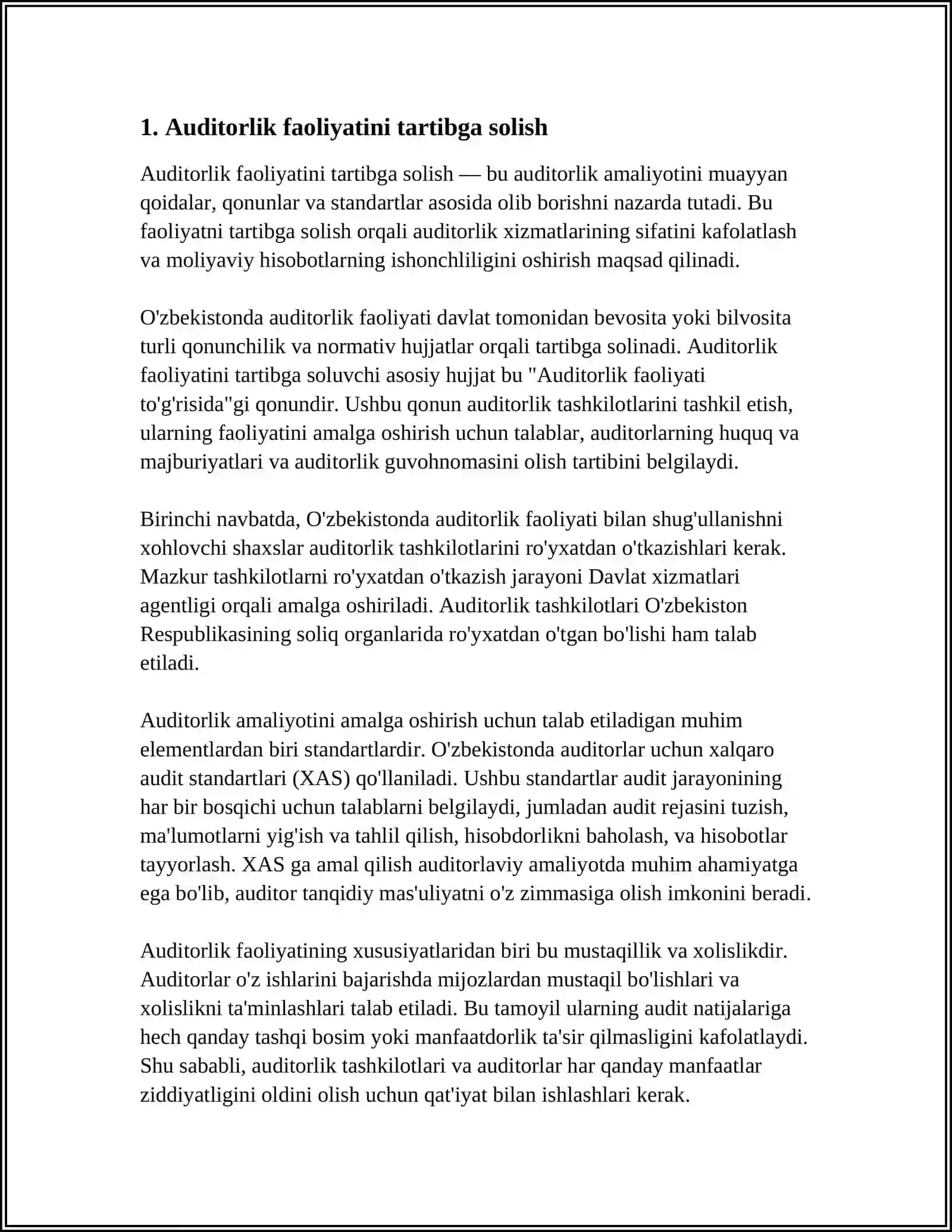 OʻZBEKISTON RESPUBLIKASINING VAZIRLAR MAHKAMASINING "AUDITORLIK FAOLIYATINI TAKOMILLASHTIRISH VA AUDITORLIK TEKSHIRISHLARNING AHAMIYATINI HAMDA ULAR SIFATINI OSHIRISH TOʻGʻRISIDAGI" QARORNING MOHIYATI 4