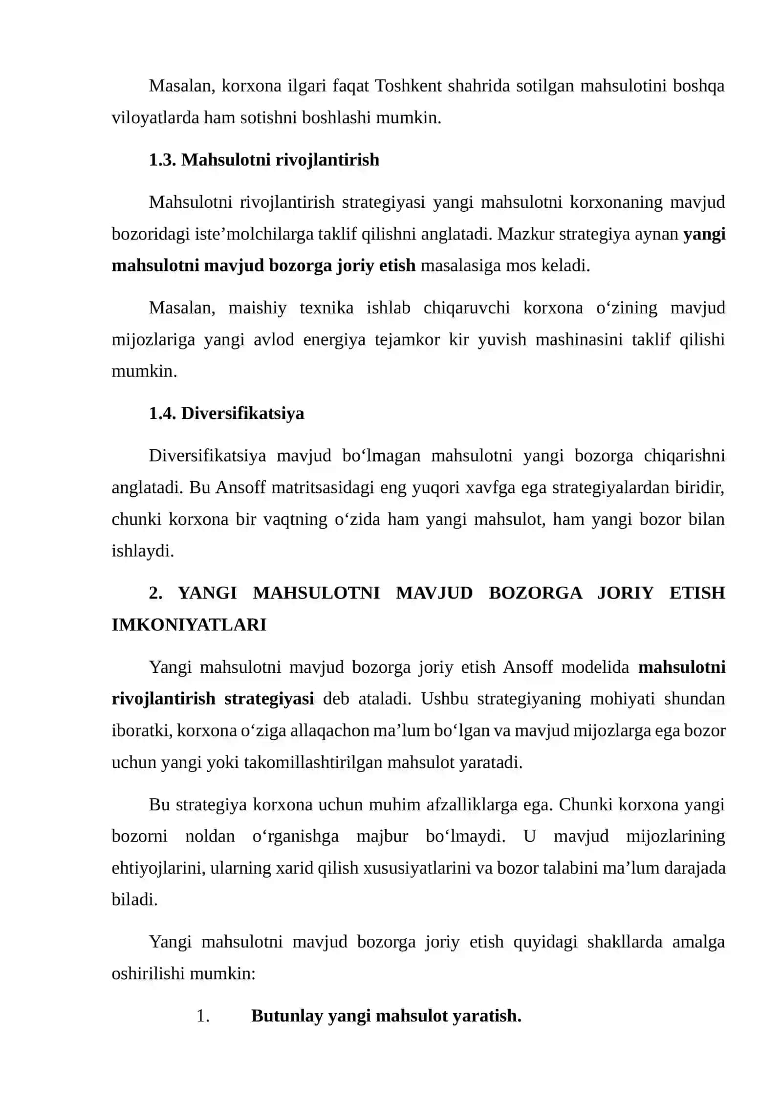 YANGI MAHSULOTNI MAVJUD BOZORGA JORIY ETISH IMKONIYATLARINI ANSOFF MODELI ASOSIDA TAHLIL QILISH 4
