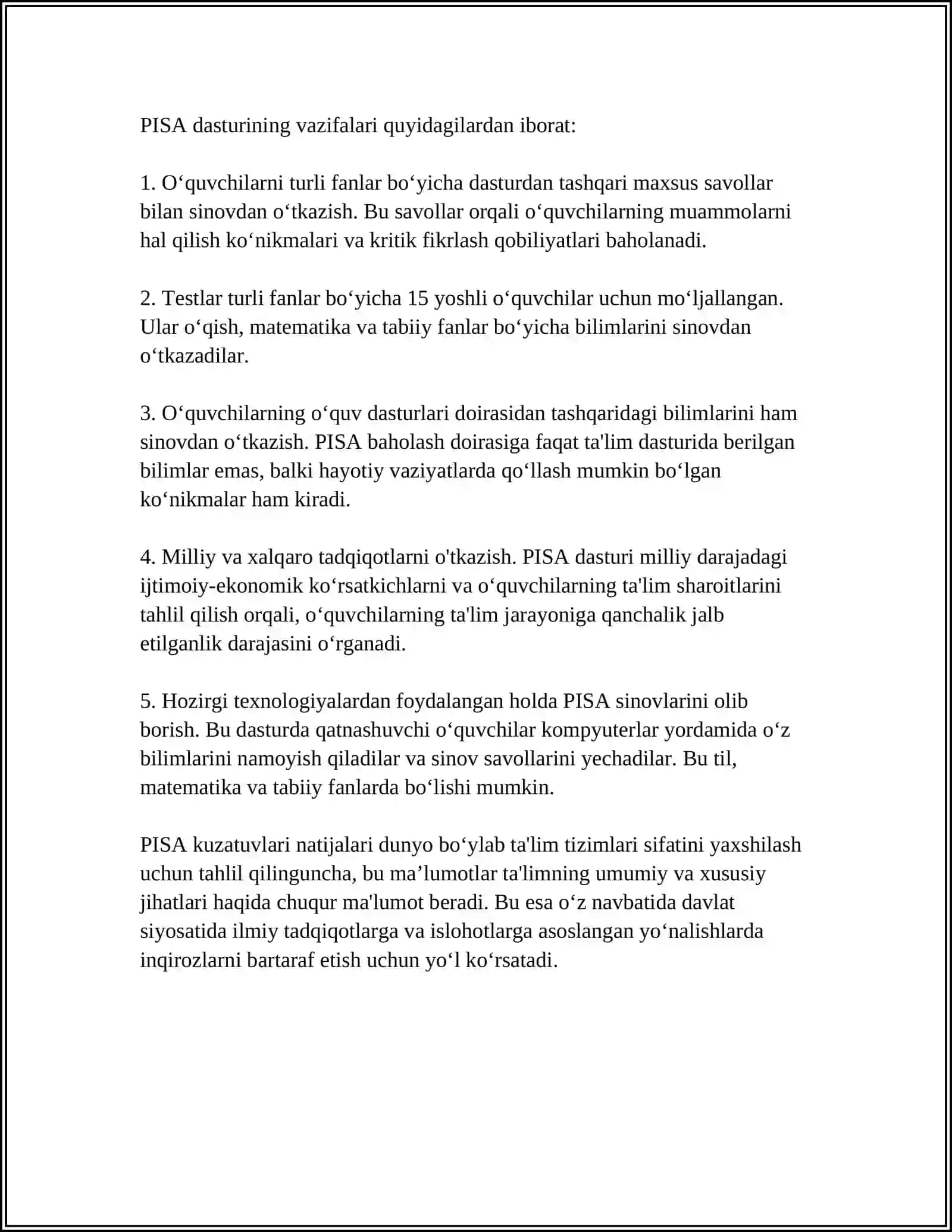 PISADA OʻQUVCHILAR BILIM MONITORING DARSJASI 4