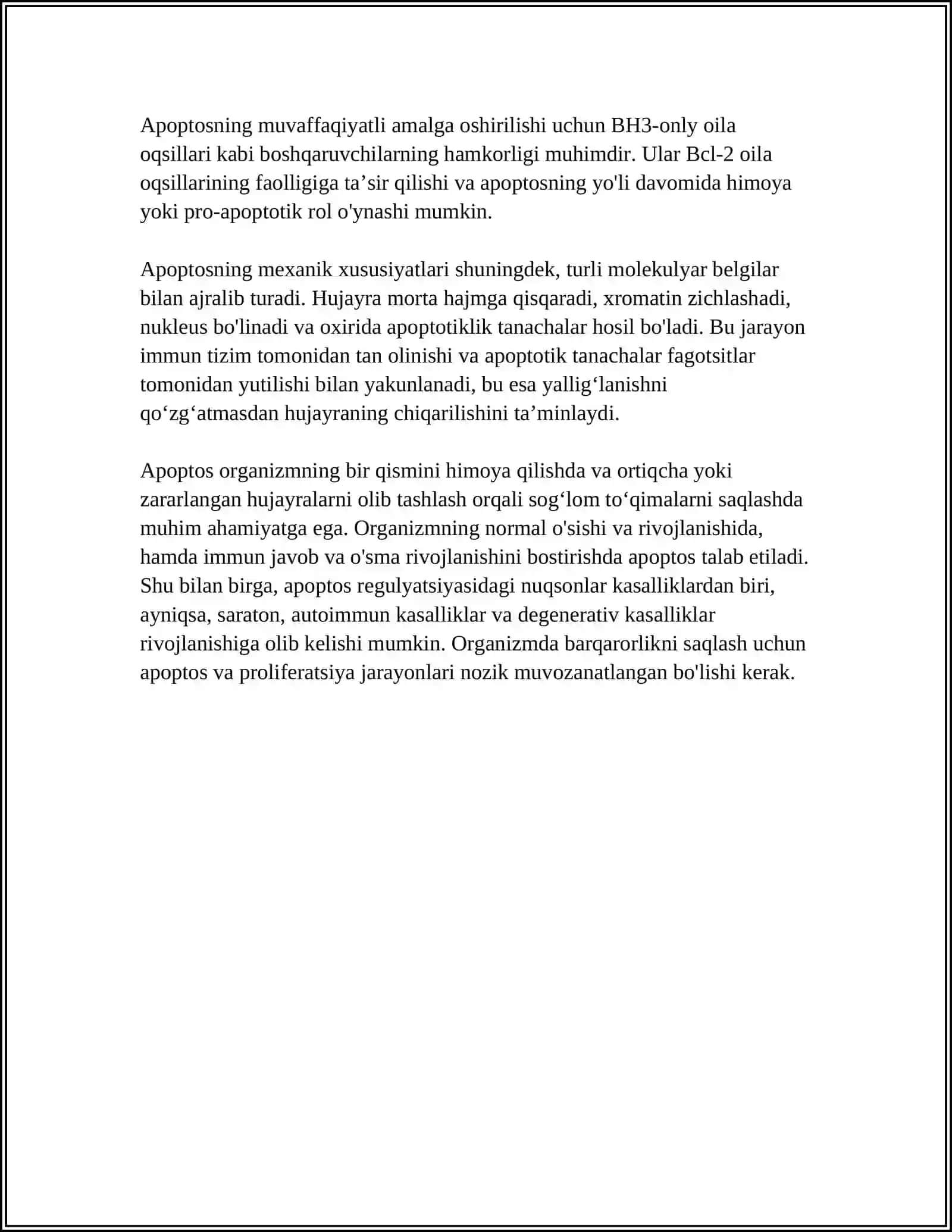 HUJAYRA APOPTOZI VA UNING BIOLOGIK AHAMIYATI MOVZUSIDA MUSTAQIL ISH BORMI 4
