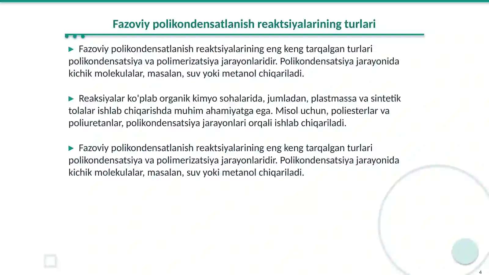 Fazoviy polikondensatlanish reaktsiyalari:usullari mexanizmlari va ahamiyati 4