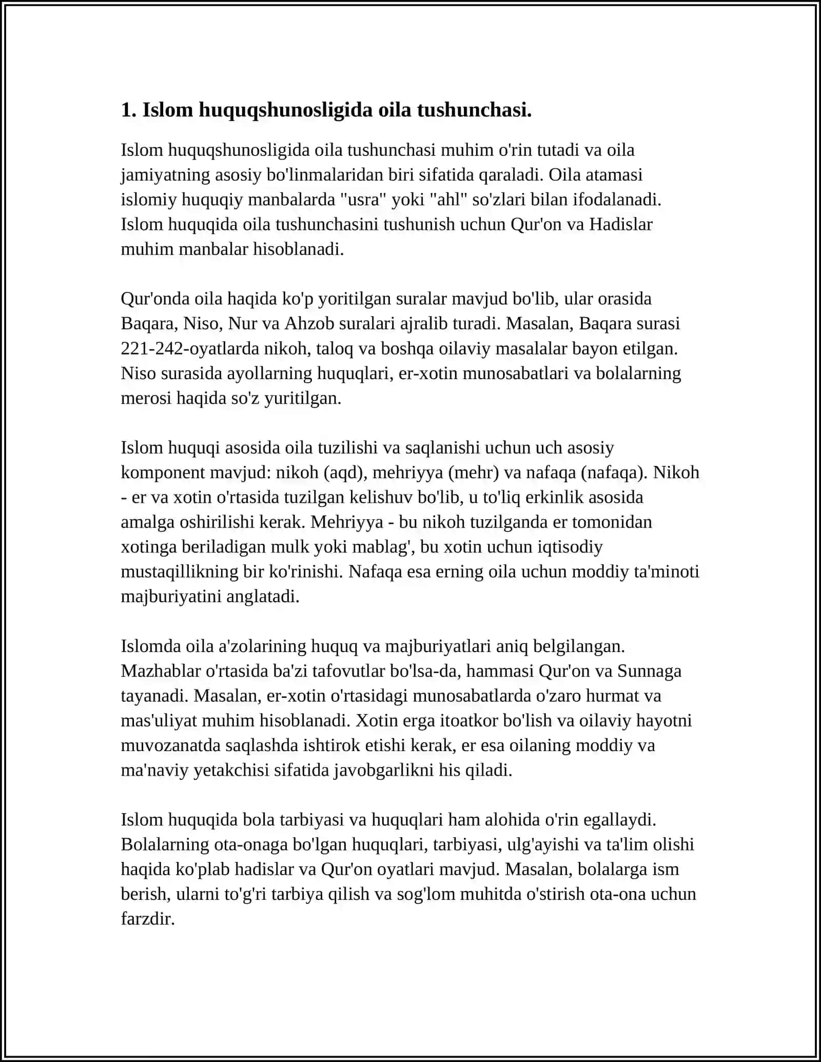 ISLOM HUQUQSHUNOSLIGIDA OILA, NIKOH, TALOQ, IDDA, ZIHOR TUSHUNCHALARINI TA'RIFLASH VA TAQDIMOT TAYYORLASH JAMIYAT HAYOTIDA 4