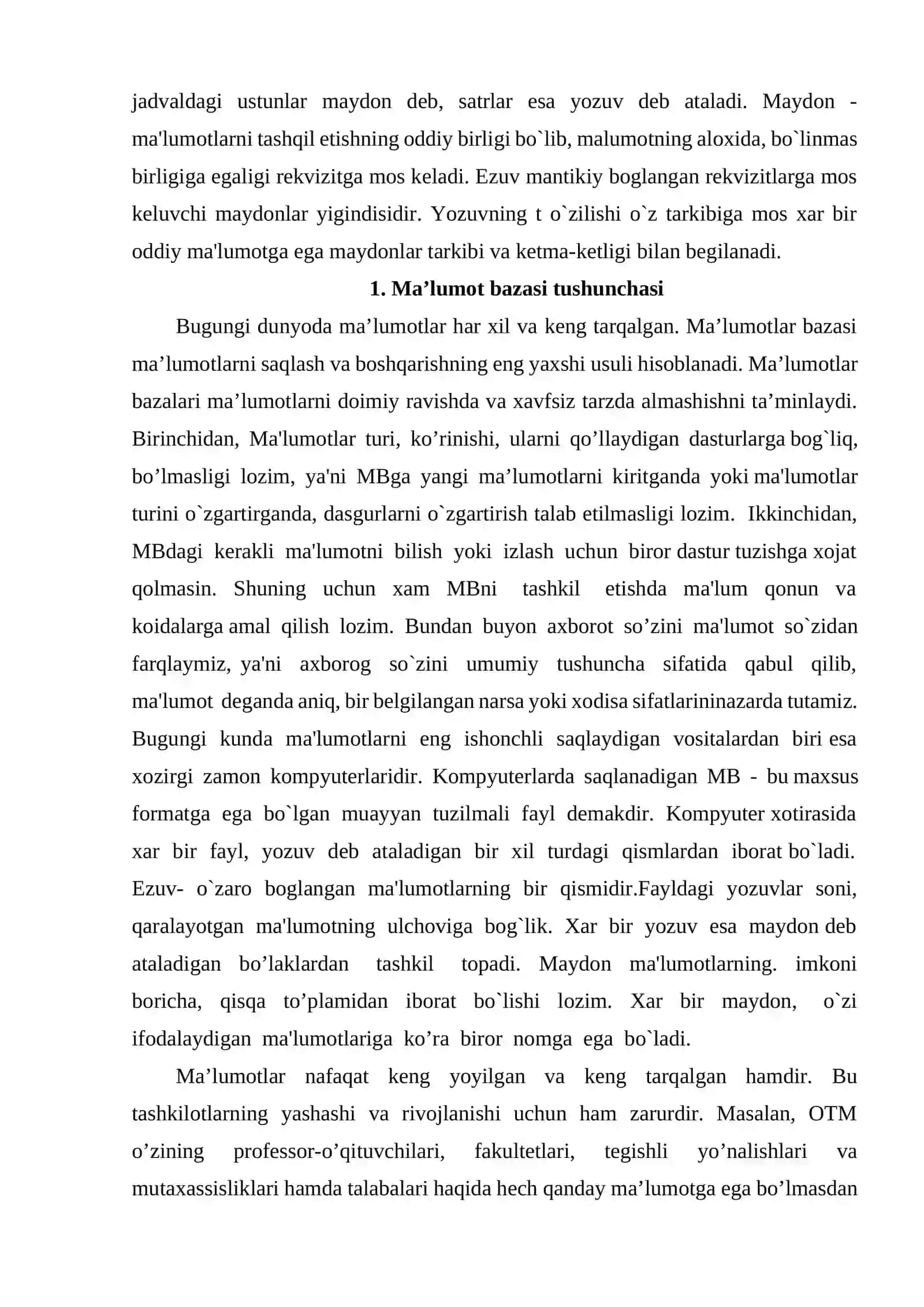 Ma’lumotlar bazasi texnologiyalari fanidan “Mehmonxona ma’lumotlar bazasini loyihalash” mavzusida kurs ishi 4