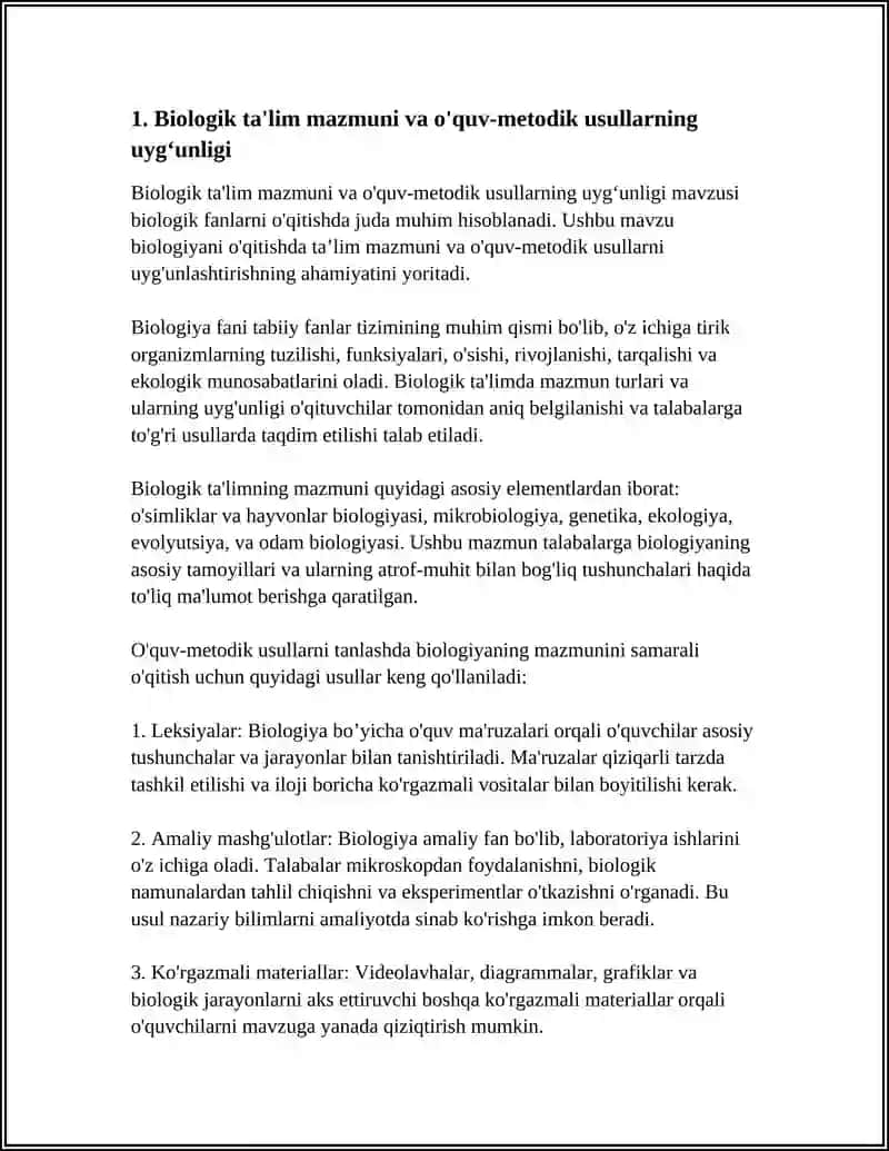 BIOLOGIK TA'LIM MAZMUNI METODLARI, VOSITALARI VA SHAKLLARINING UYGʻUNLIGI 4