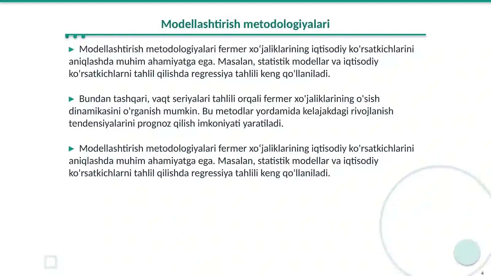 Fermer xoʻjaliklarining iqtisodiy rivojlanish koʻrsatkichlarini modellashtirish 4
