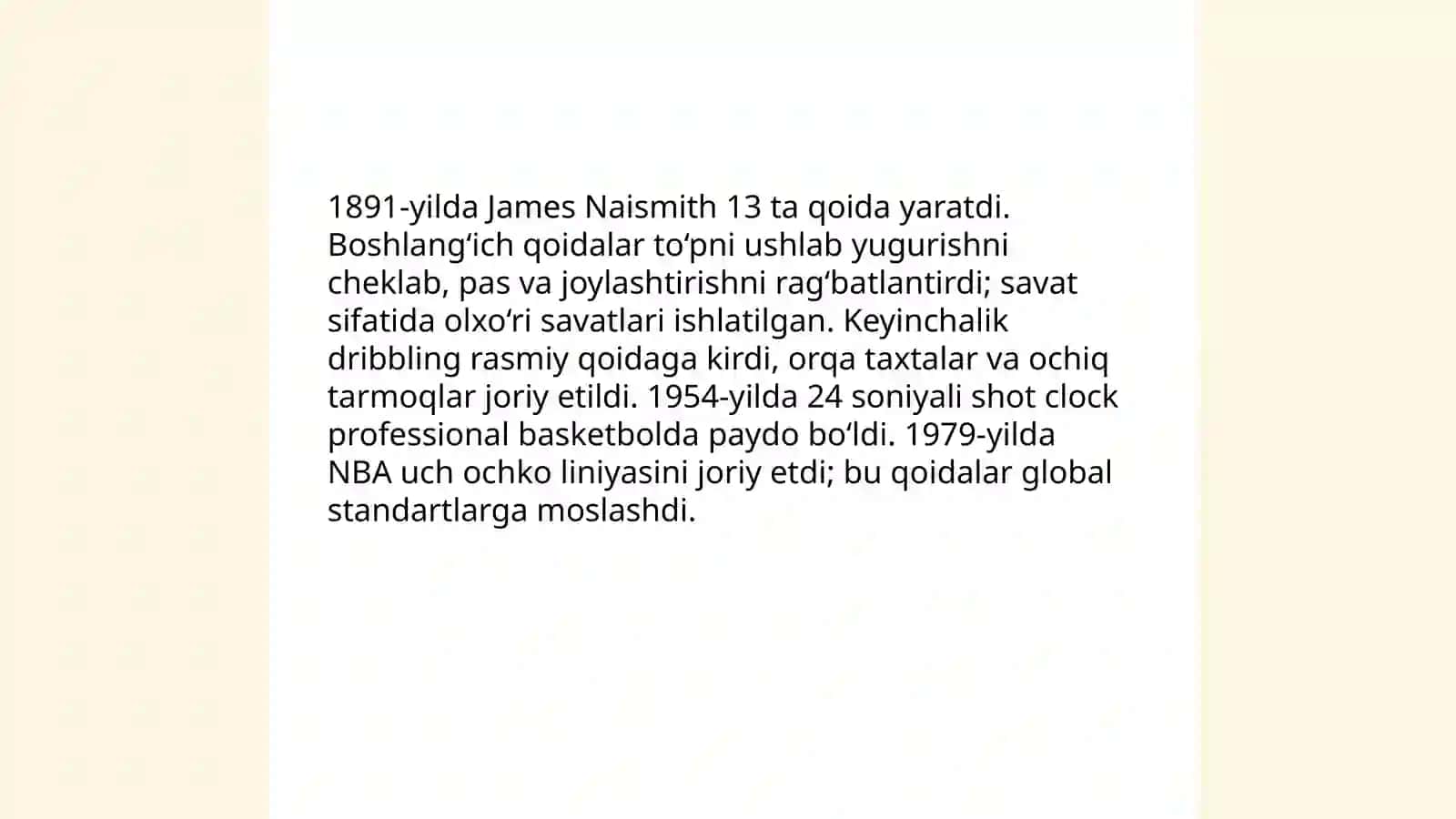 Basketbol o'yinining kelib chiqishi va rivojlanish tarixi 4