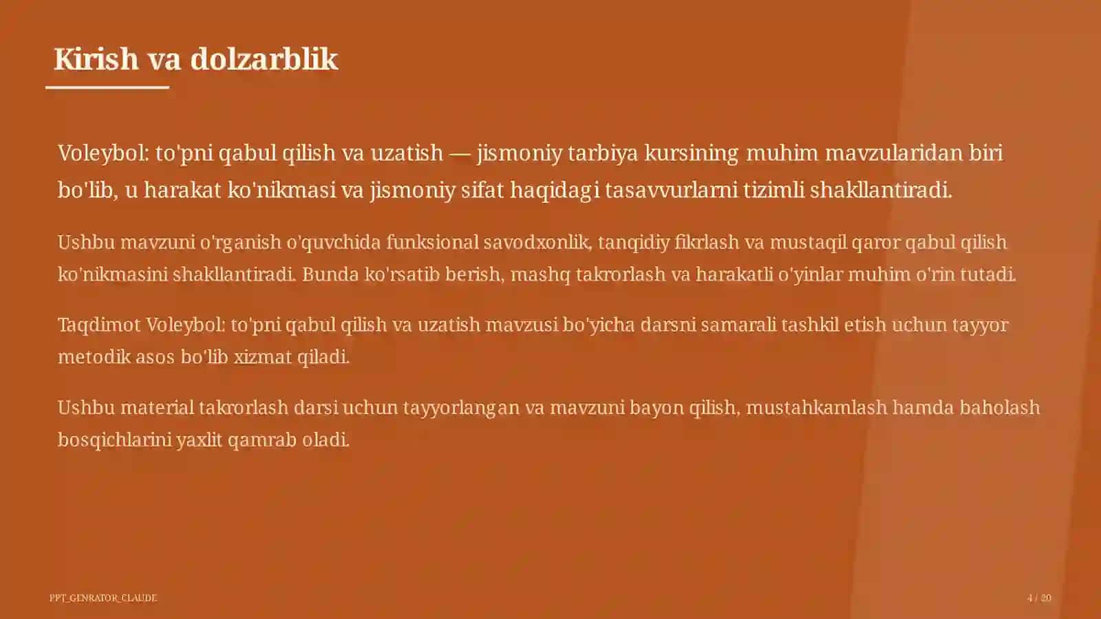 Voleybol: to'pni qabul qilish va uzatish (5-sinf) 4