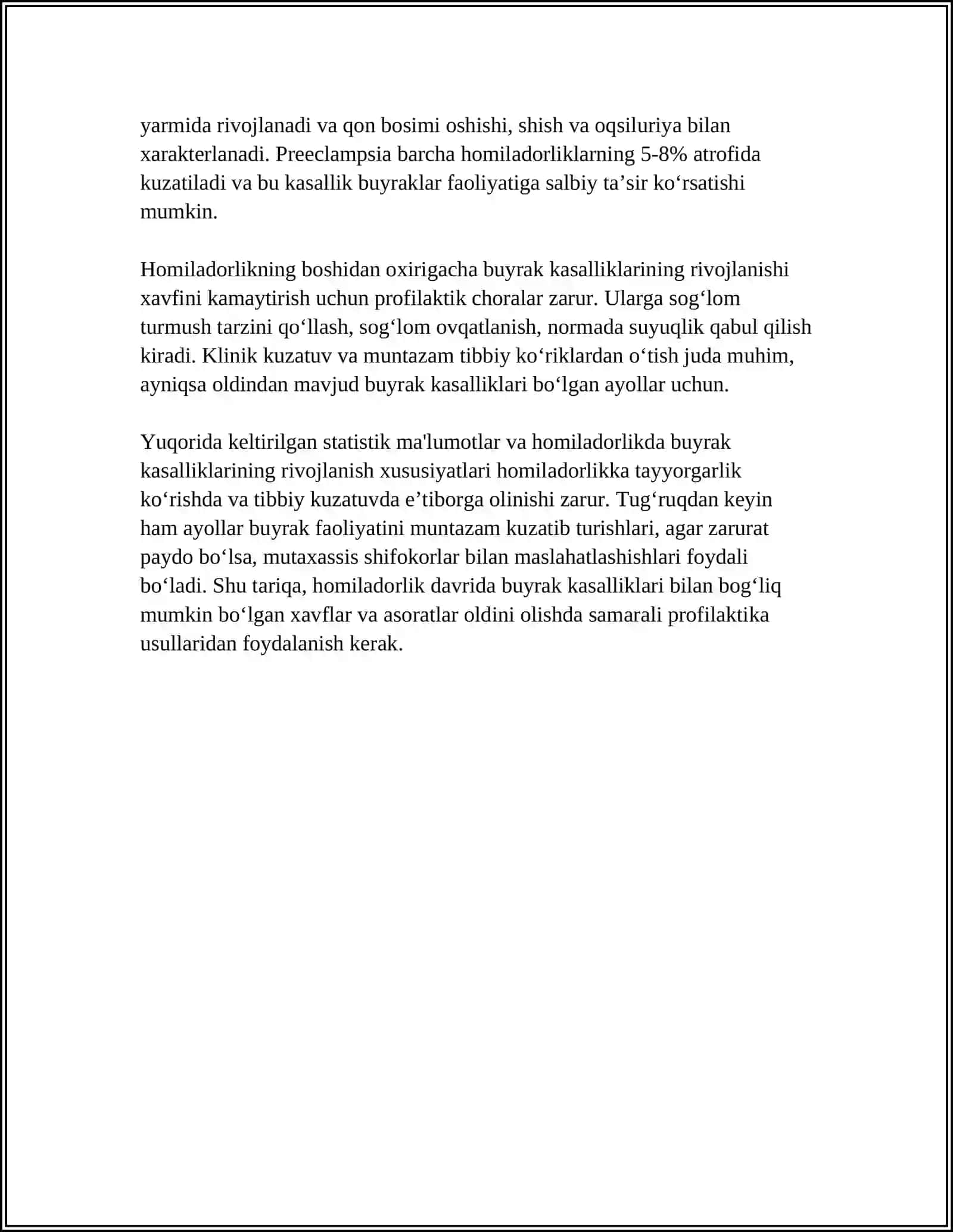 HOMILADORLIK, TUGʻRUQ VA CHILLA DAVRINING BUYRAK KASALLIKLARIDA KECHISHI. HOMILADORLIKDA BUYRAK KASALLIKLARI TASNIFI. QALTIS DAVRLAR 4