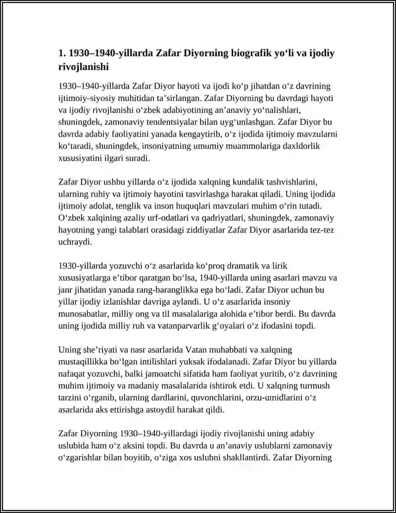 1930-1940-YILLARDA ZAFAR DIYOR HAYOTI VA IJODIDAN IMA MAVZUDA IJOD QILGAN, IJODIGA TÖXTALISH, IJODINI TAXLIL QILISH 4