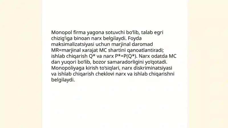 Monopol sharoitda narx belgilash va manopol hokimiyat koʻrsatkichi 4