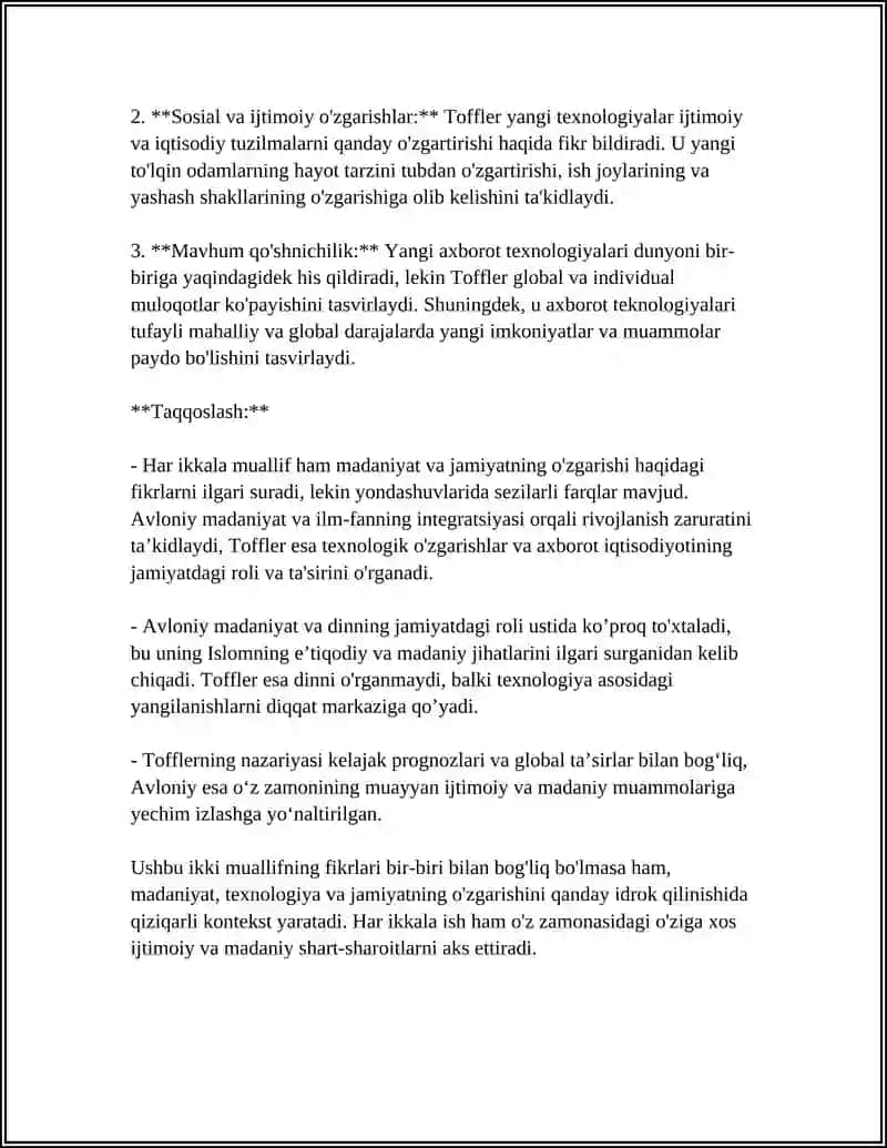 AVLONIYNING "MADANIYAT TOʻLQINLARI" MAQOLASI VA E.TOFFLENING "UCHINCHI TOʻLQIN" ASARINI QIYOSIY TAHLIL ETISH 4
