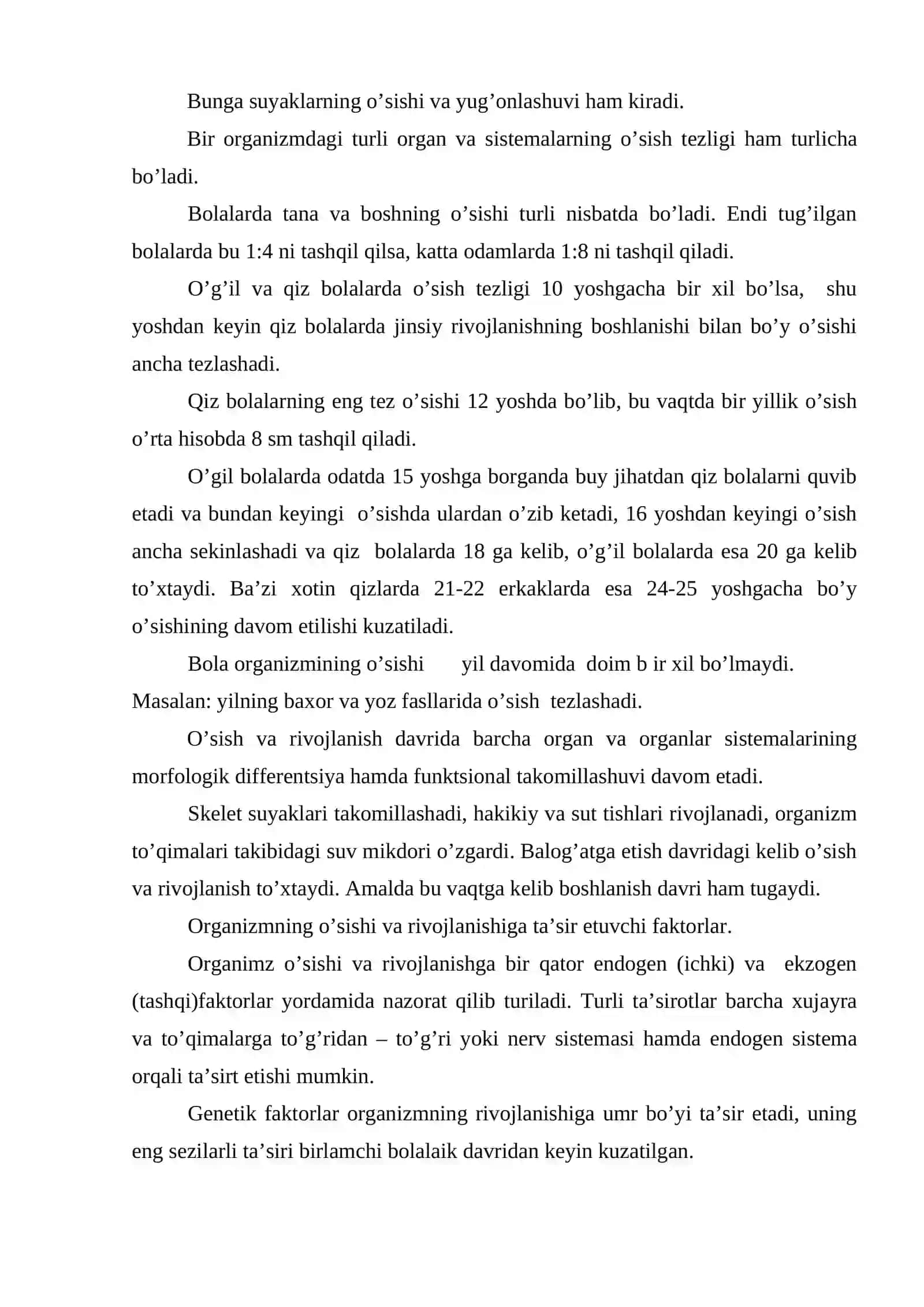 Yosh fiziologiyasi va gigienasi fanining mazmuni, ahamiyati, bolalar va o’smir rivojlanishning umumiy qonuniyatlari 4