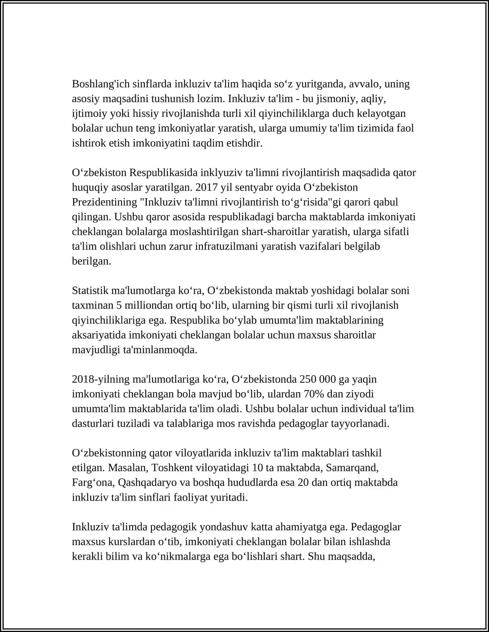 BOSHLANGʻICH SINFLARDA INKLYUZIV TAʼLIM JARAYONINI TASHKIL ETISHNING XUSUSIYATLARI 4