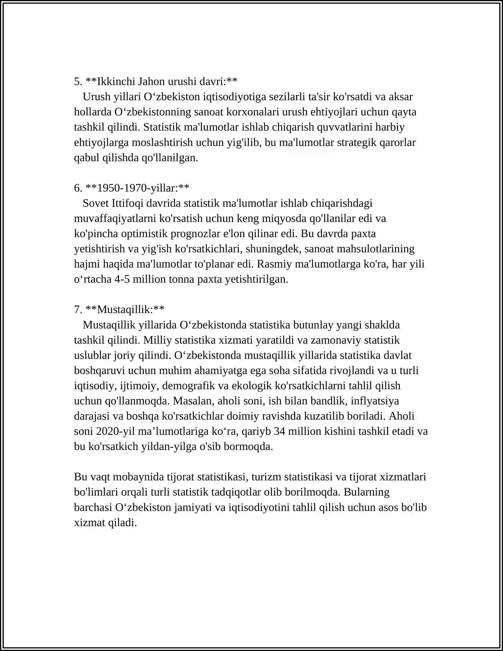 MUSTAQIL ISH Mavzu: O'ZBEKISTONDA SITATISTIKANING RIVOJLANISH BOSQICHLARI 4