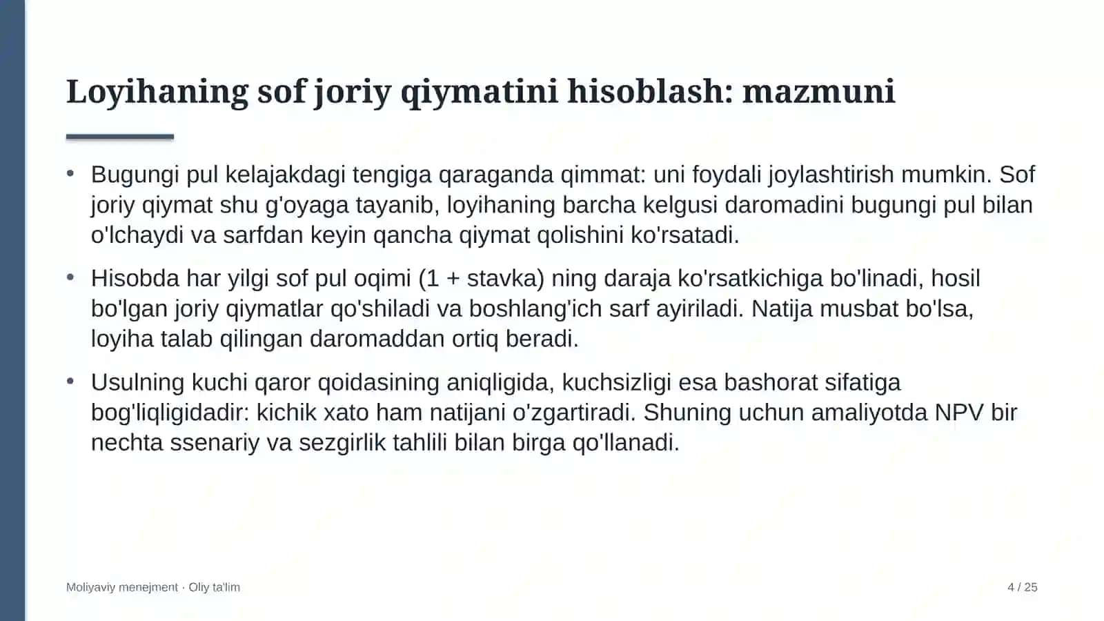 Agrokimyo xizmatida investitsiya loyihalarining sof joriy qiymatini hisoblash 4