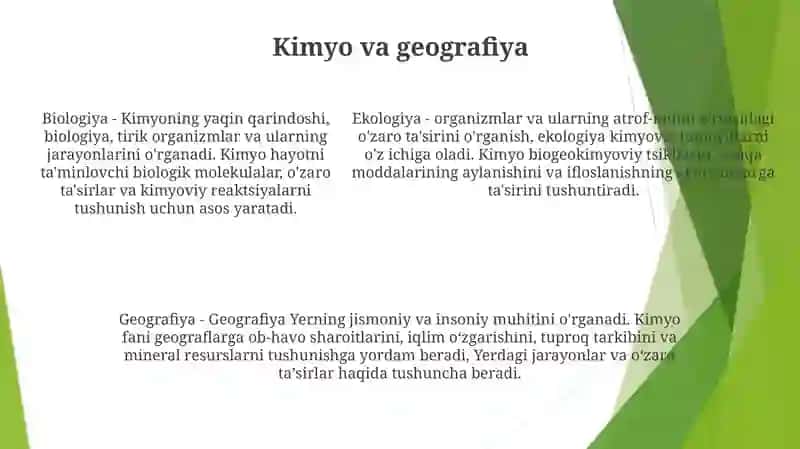 Kimyo Fanining Boshqa ( Biologiya, Ekologiya, Geografiya Va H.K)Fanlar Bilan Bog'Liqligi 4