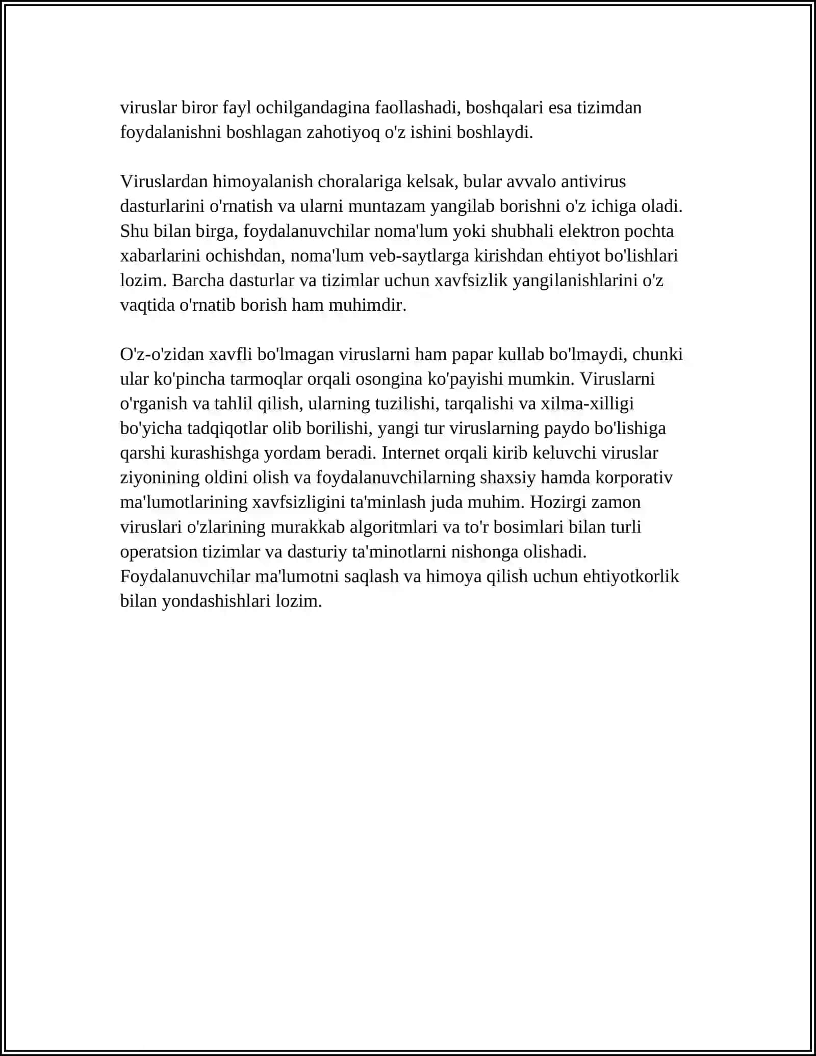 KOMPYUTER VIRUSLARI VA ZARARLI DASTURLAR:VIRUS TURLARI,ULARNING TARQALISH YO'LLARI VA HIMOYALANISH CHORALARI 4