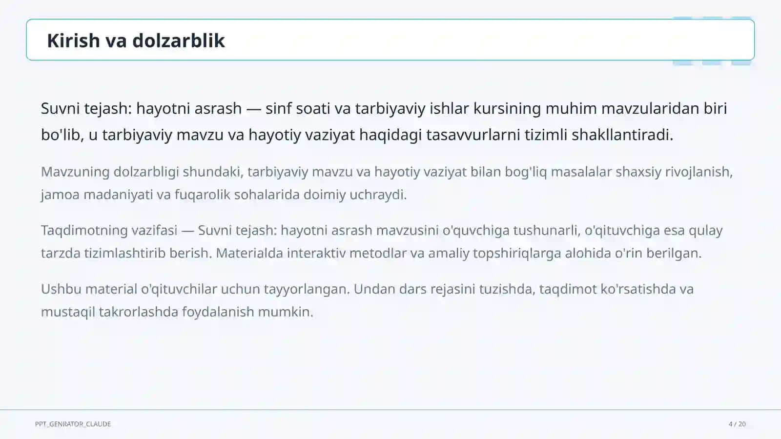 Sinf soati va tarbiyaviy tadbirlar (1– 4