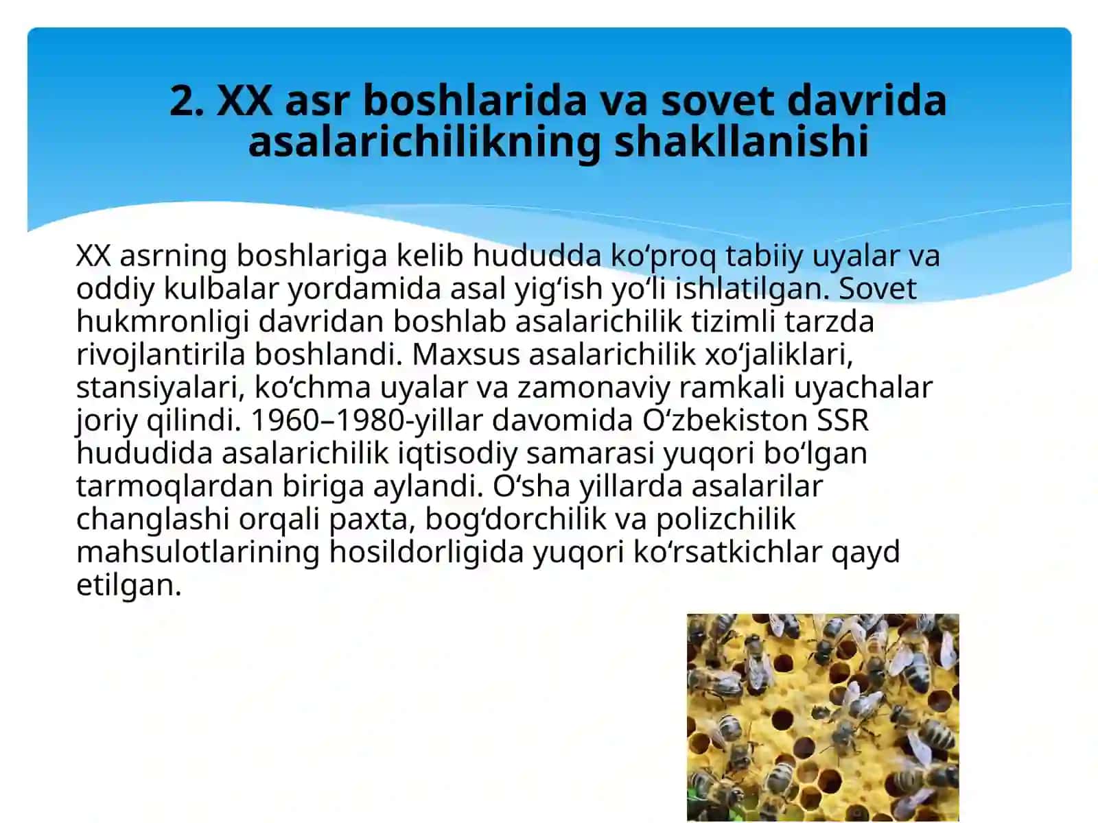 O'zbekistonda asalarichilikning rivojlanish tarixi va hozirgi holati. 4