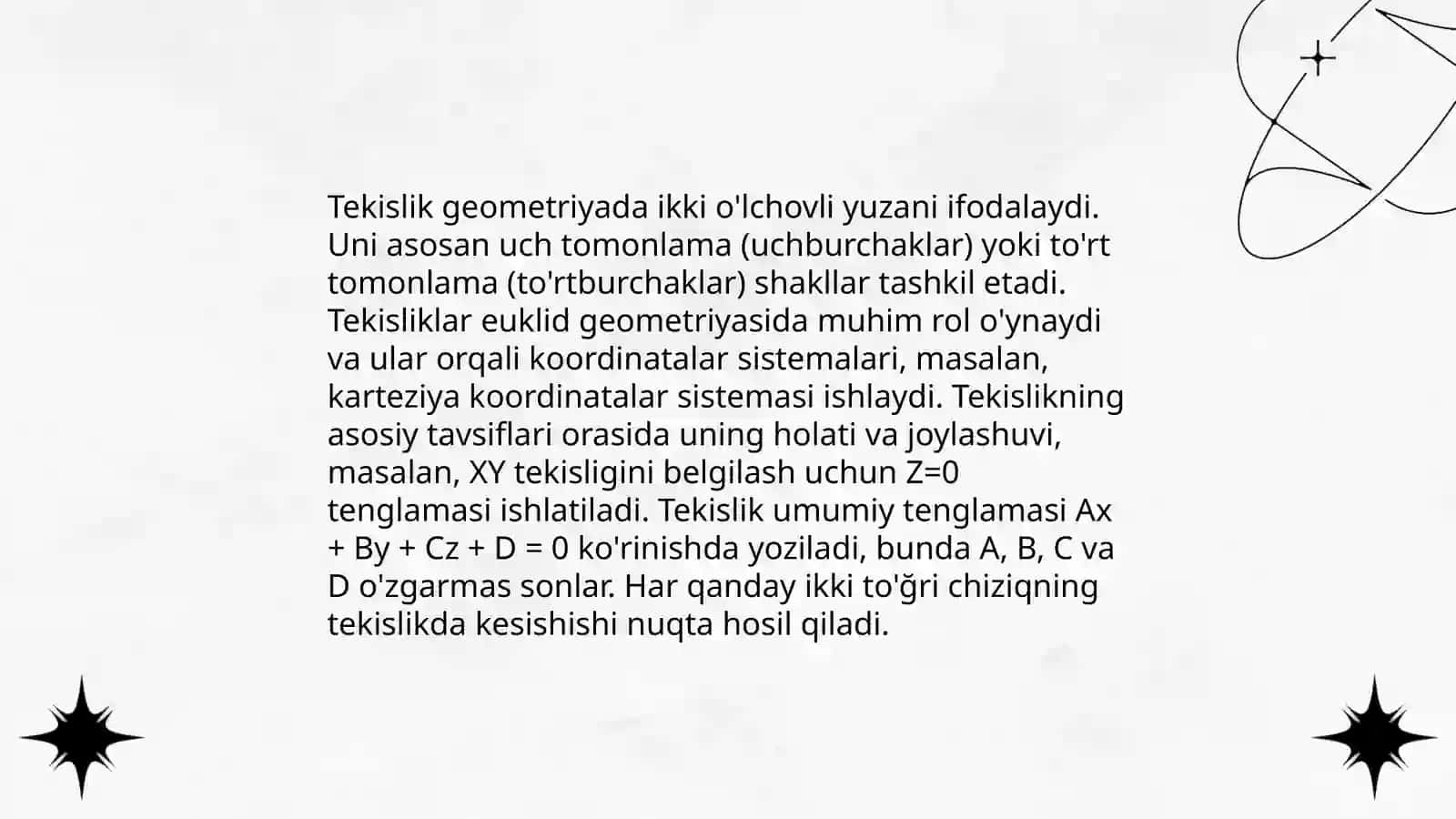 To'g'ri chiziq va nuqtaning tekislikka tegishlilik shartlari 4