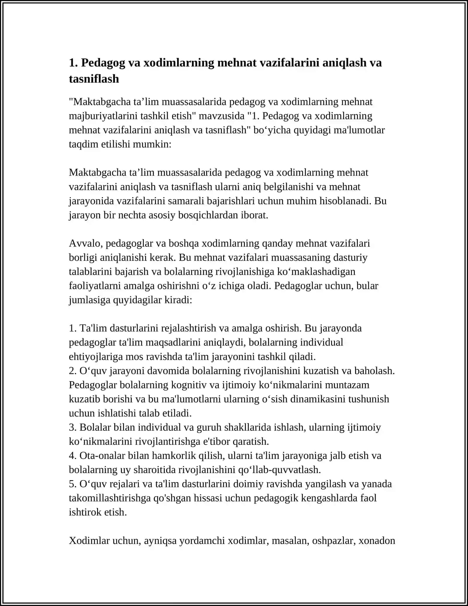 MAKTABGACHA TAʼLIM MUASSASALARIDA PEDAGOG VA XODIMLARNING MEHNAT MAJBURIYATLARINI TASHKIL ETISH 4