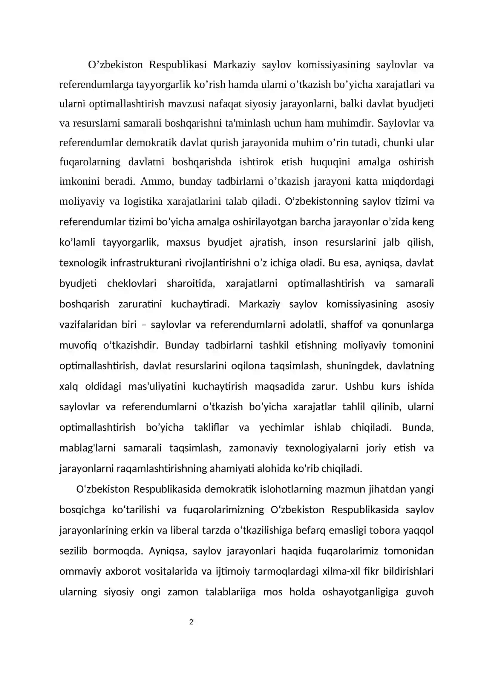 O’zbekiston Respublikasi Markaziy saylov komissiyasining saylovlar va referendumlarga tayyorgarlik ko’rish hamda ularni o’tkazish bo’yicha xarajatlari va ularni optimallashtirish mavzusida kurs ishi 4