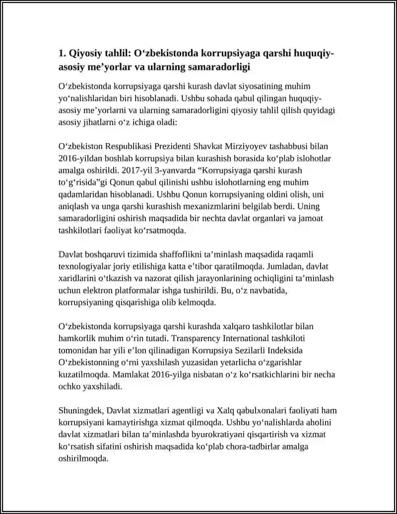 O‘ZBEKISTONDA KORRUPSIYAGA QARSHI KURASHISHGA OID DAVLAT SIYOSATINING ASOSIY YO’NALISHLARINING QIYOSIY TAHLILINI AMALGA OSHIRISH 4