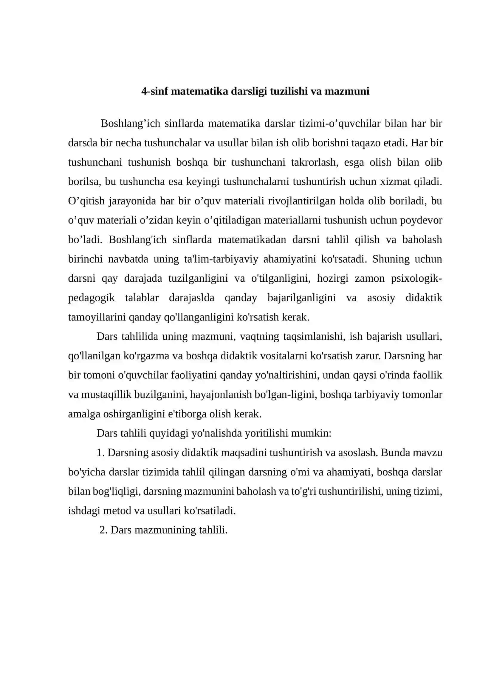 BOSHLANG‘ICH SINFLARDA MATEMATIKA O‘QITISHDAGI UZVIYLIKNI AMALGA OSHIRISH METODIKASI 4