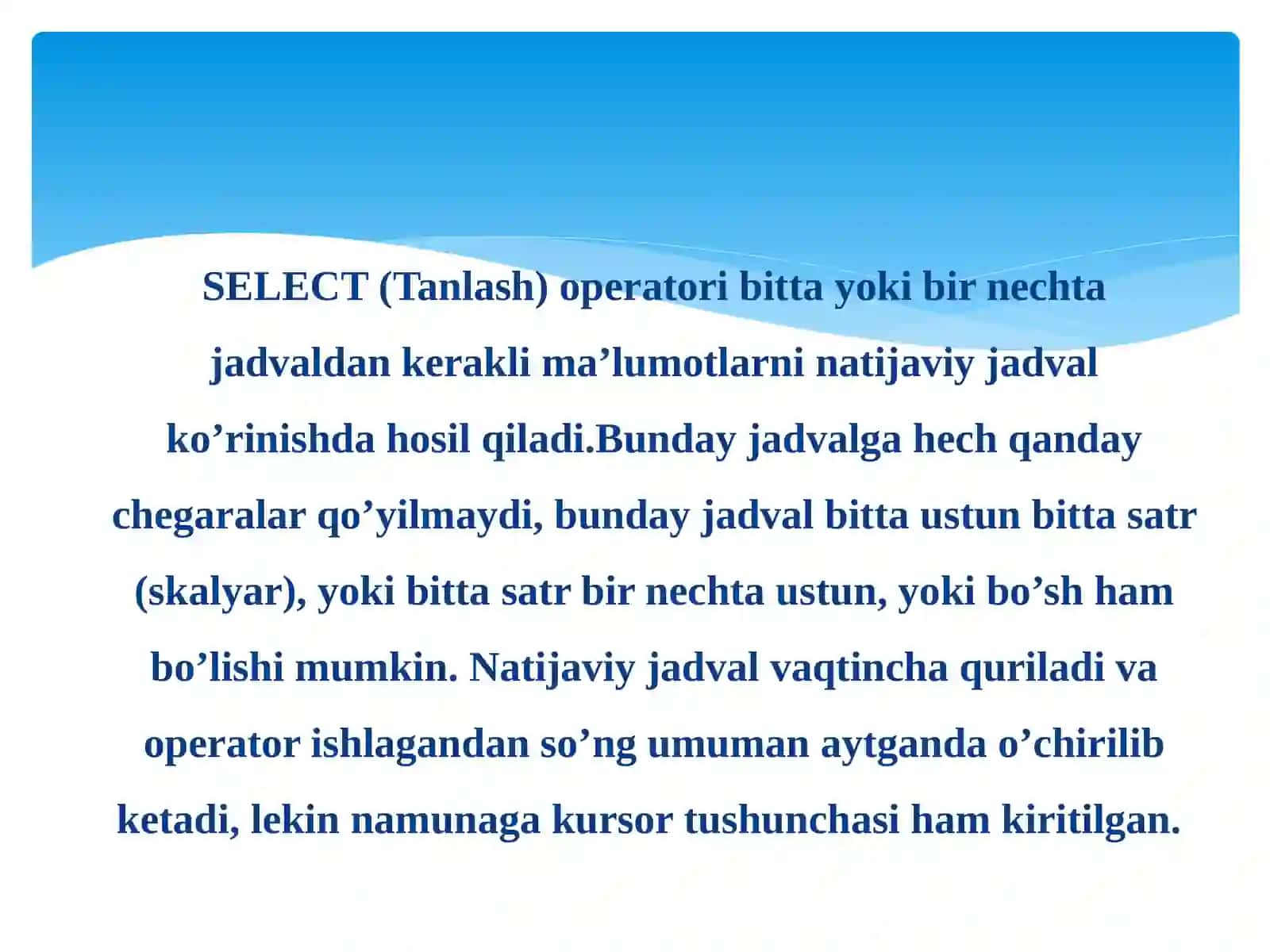 SQL serverda bazadan tanlash (select) va bazani o’chirish (drop) operatorlari 4
