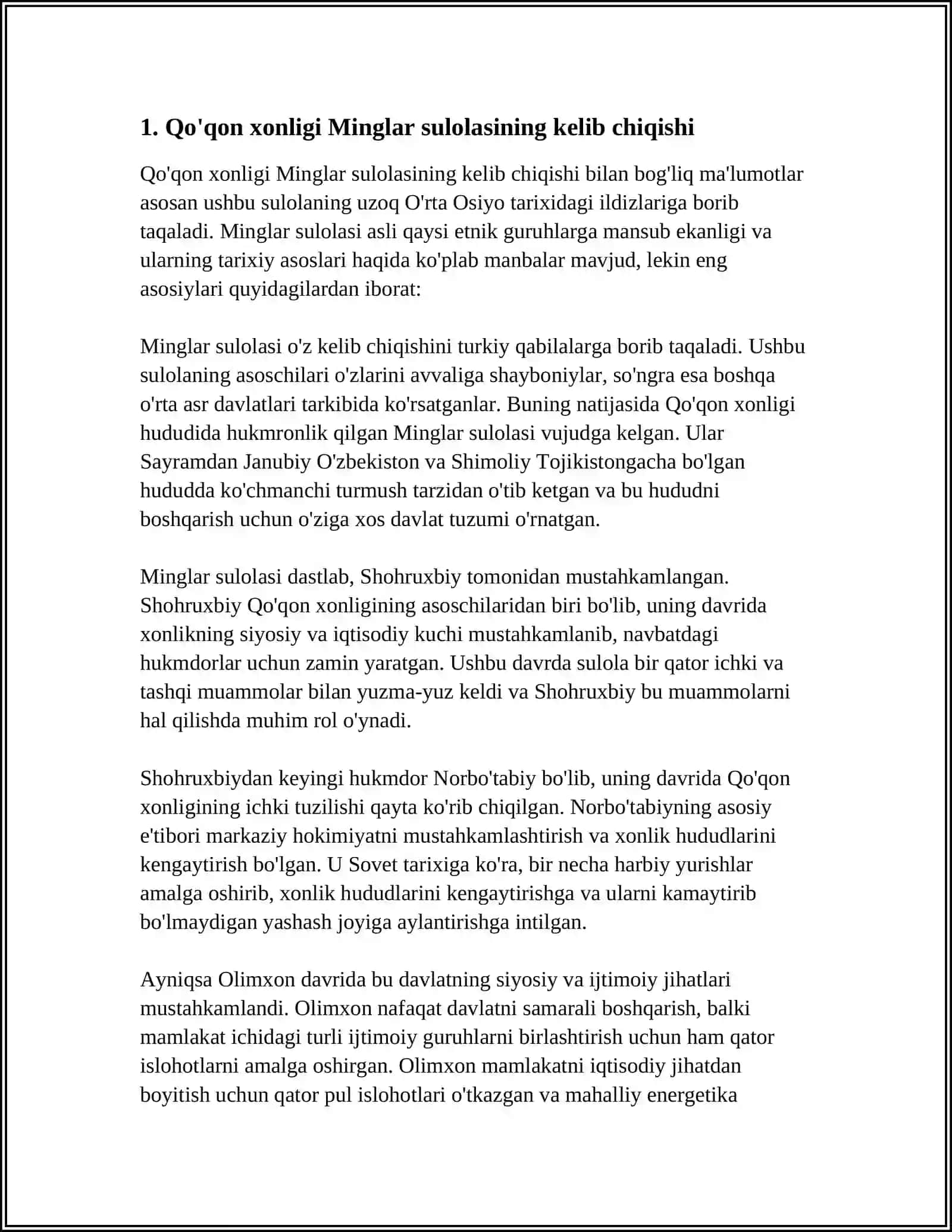 QÒQON XONLIGI MINGLAR SULOLASI KELIB CHIQISHI SULOLA SHAJARASI VA HUKMRONLIK YILLARI SHOHRUHBIY HAQIDA 4
