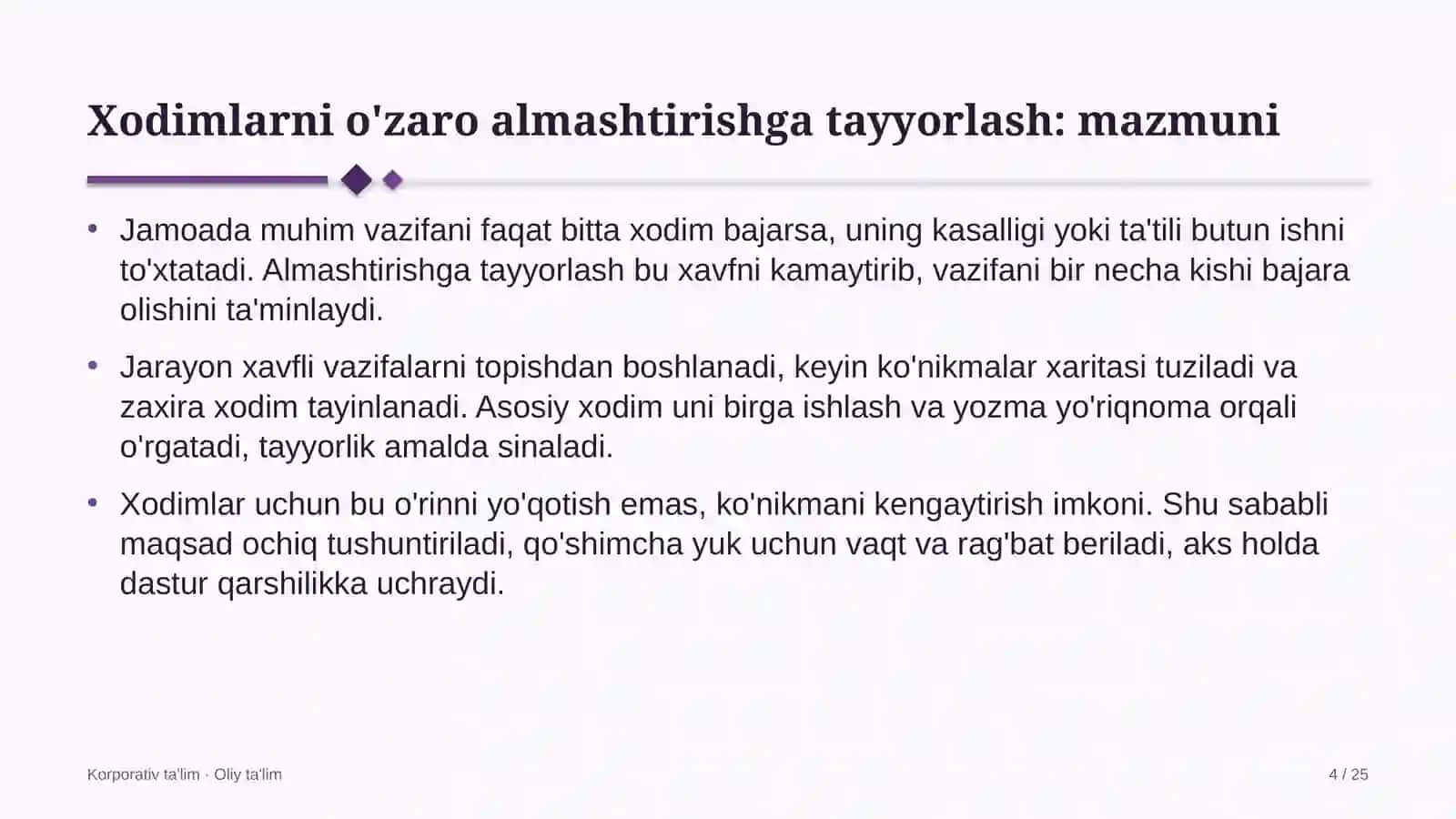Yo'l qurilishida xodimlarni o'zaro almashtirishga tayyorlash 4