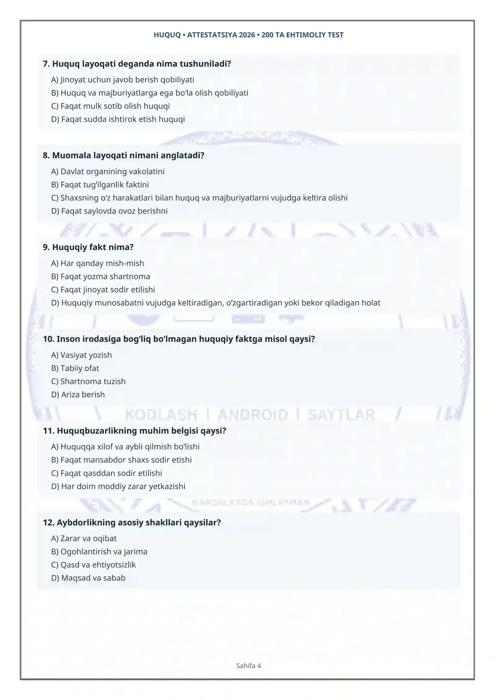 HUQUQ FANIDAN ATTESTATSIYA 2026 | 200 TA EHTIMOLIY TEST | JAVOBLARI BILAN 4