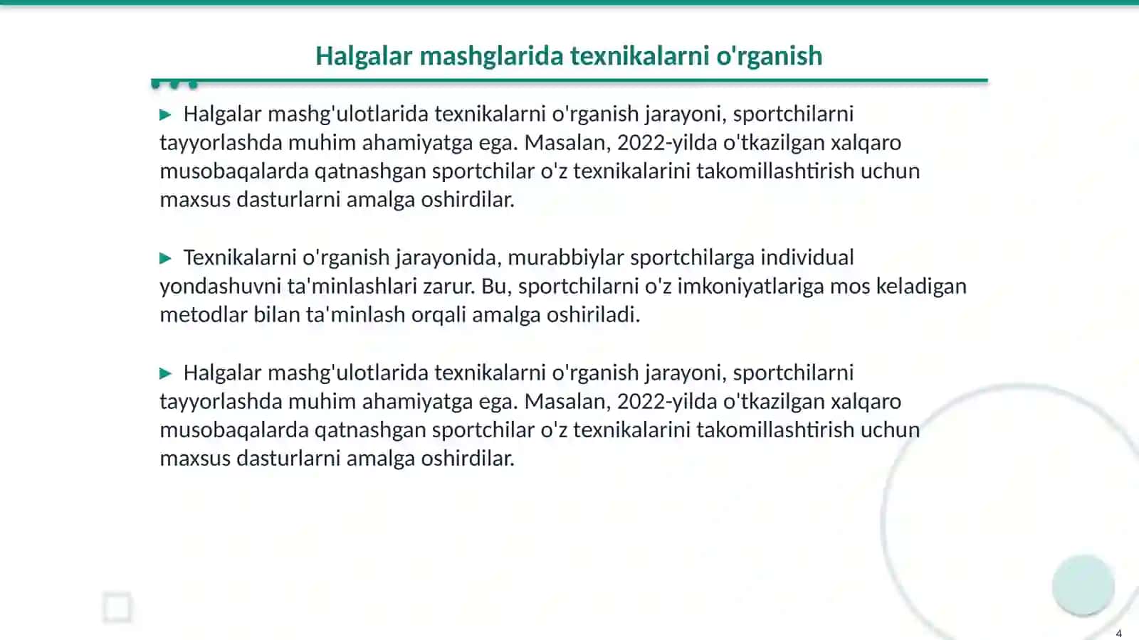 Halgalar mashglar bajarshni oʻrganish va takomillashtirish 4