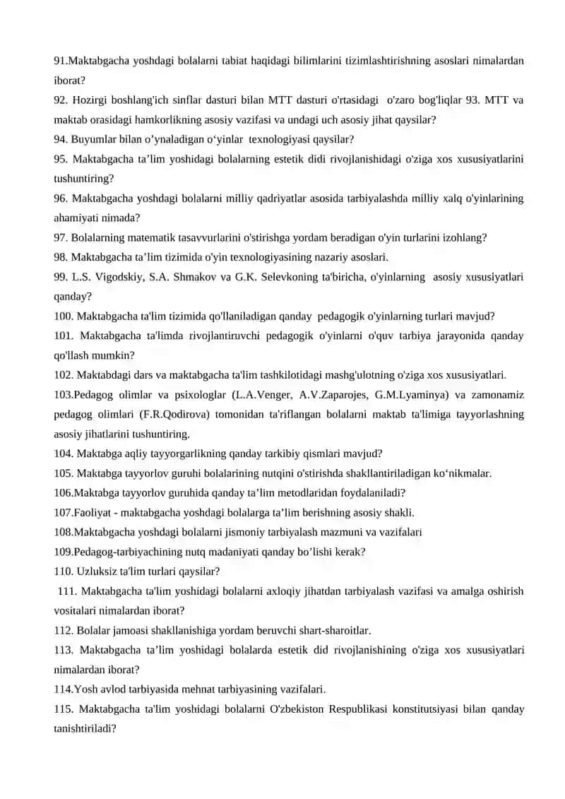 MAKTABGACHA TA’LIM YO’NALISHI MAKTABGACHA PEDAGOGIKA FANIDAN TUZILGAN SAVOLLAR 4