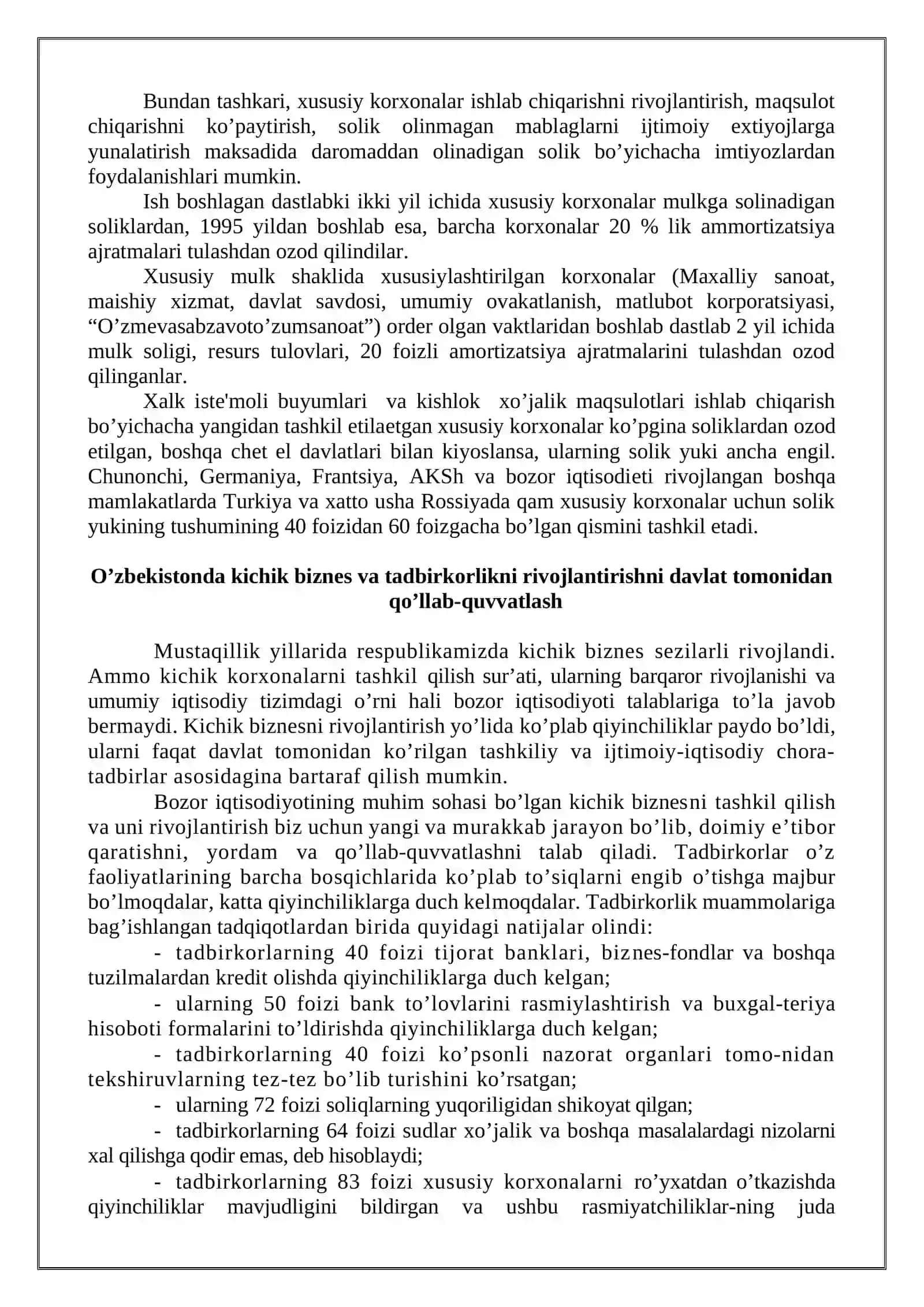 Kichik biznes va tadbirkorlikni davlat tomonidan qo'llab quvatlash chora tadbirlari 4