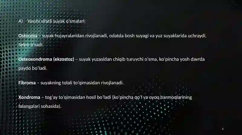 Suyak o'smalari. Artrozlar va artritlar. Bo'g'im o'smalari. Yumshoq To'qimalar o'smalari 4