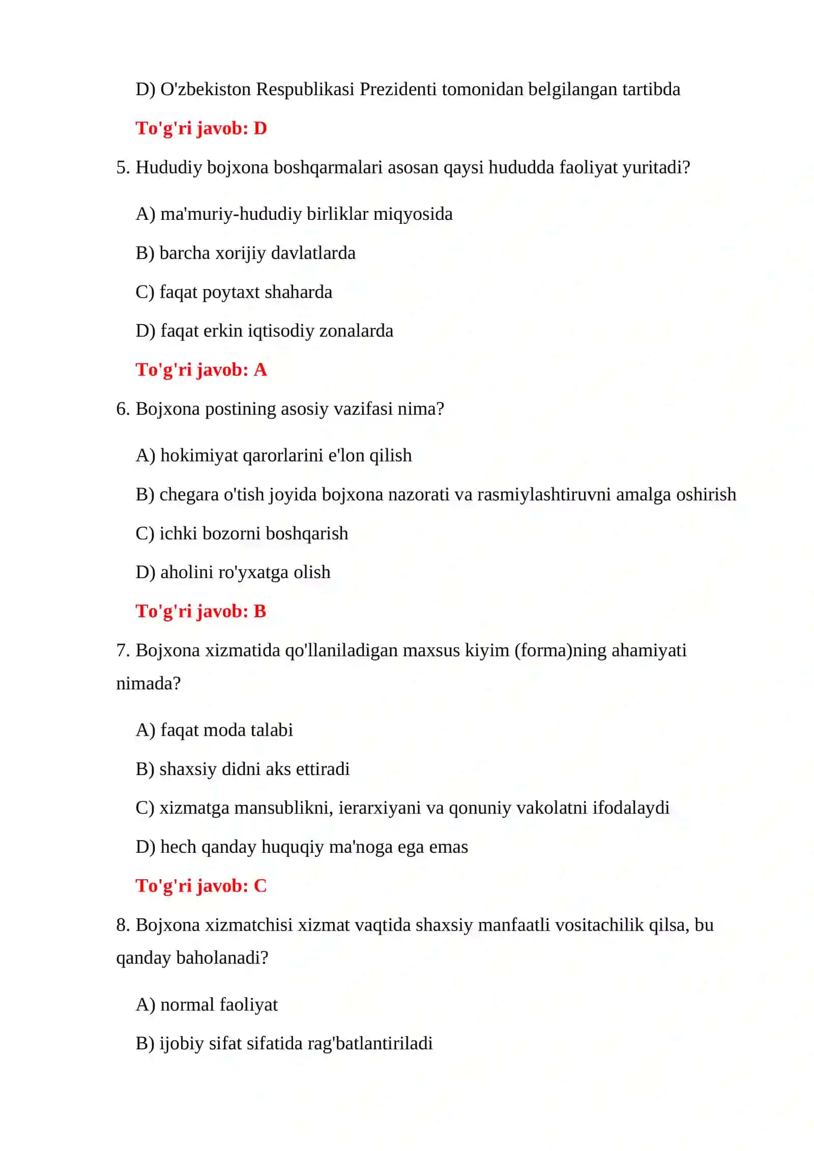 BOJXONA ISHGA KIRISH DASTLABKI TESTLARI 4